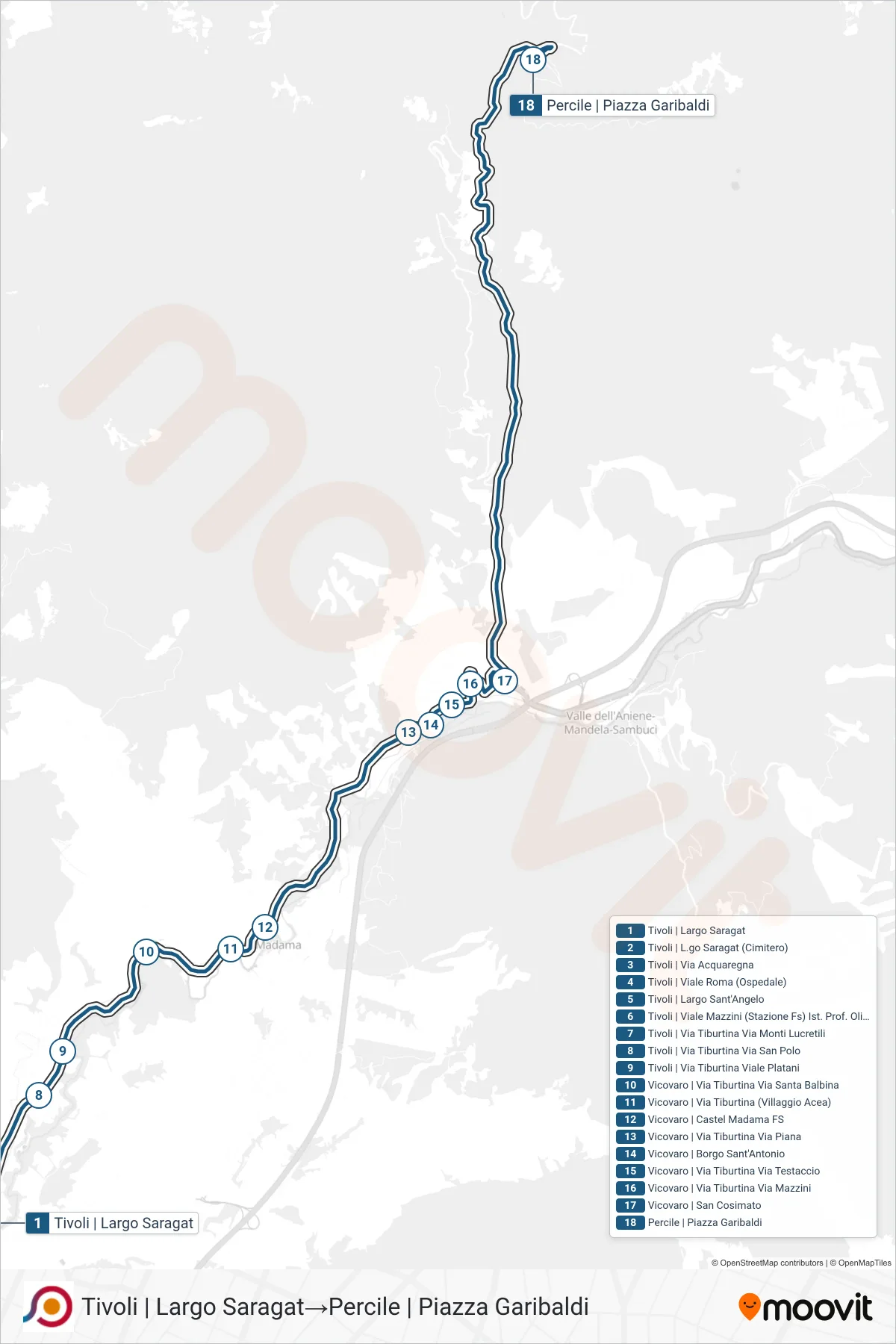 Linea COTRAL bus (Tivoli | Largo Saragat→Percile | Piazza Garibaldi) - Percorsi e fermate sulla mappa