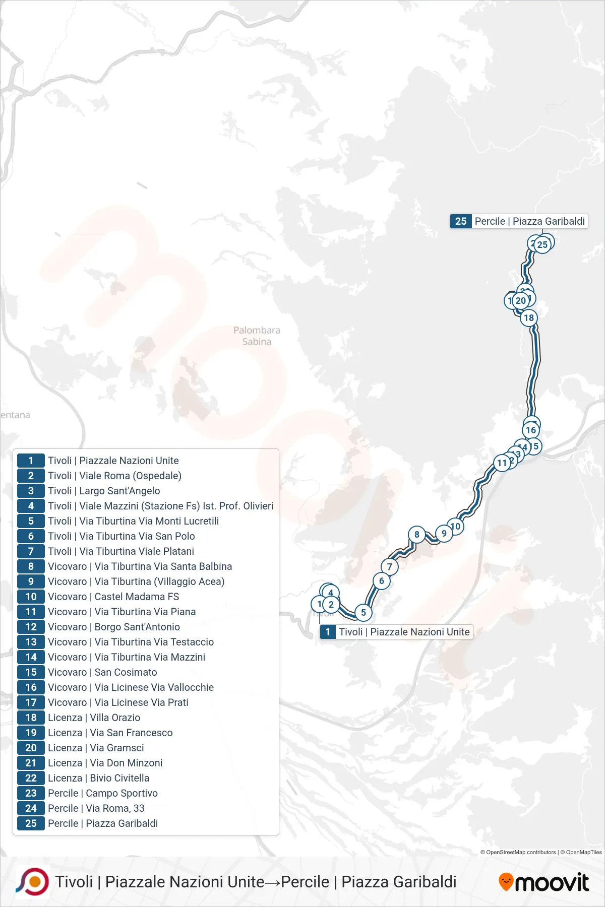 Linea COTRAL  bus (Tivoli | Piazzale Nazioni Unite‎→Percile | Piazza Garibaldi) - Percorsi e fermate sulla mappa