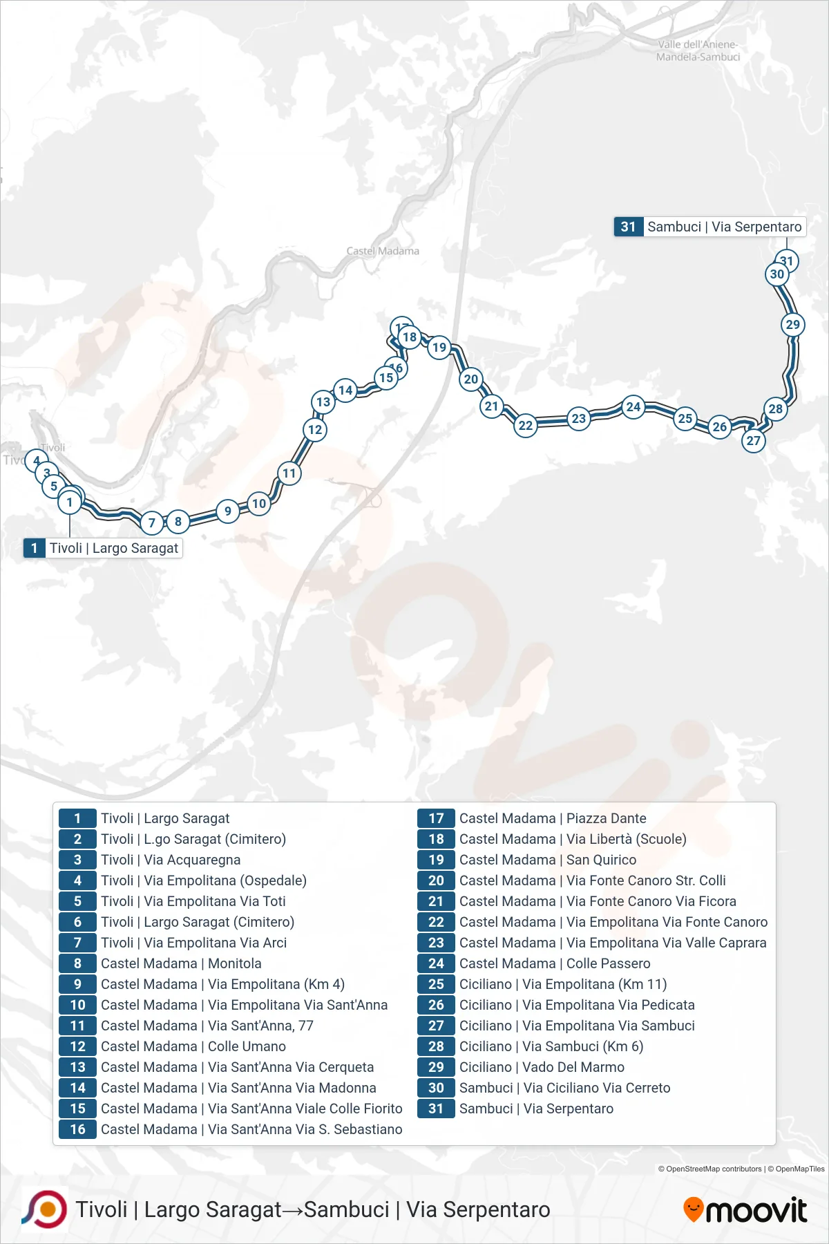 Linea COTRAL bus (Tivoli | Largo Saragat→Sambuci | Via Serpentaro) - Percorsi e fermate sulla mappa