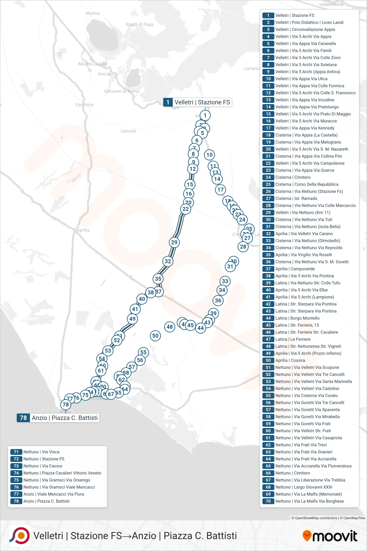 Linea COTRAL  bus (Velletri | Stazione FS‎→Anzio | Piazza C. Battisti) - Percorsi e fermate sulla mappa