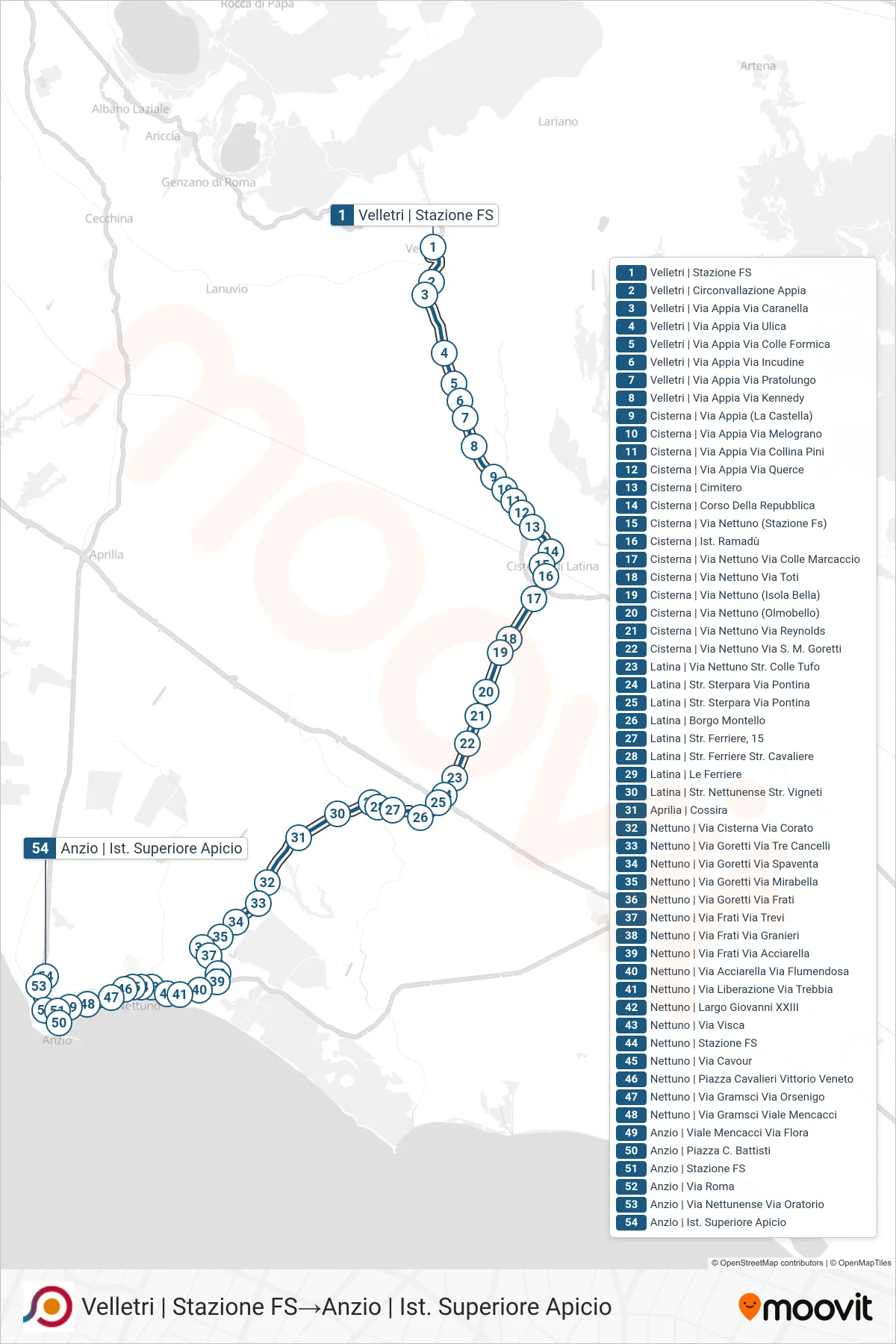 Linea COTRAL bus (Velletri | Stazione FS→Anzio | Ist. Superiore Apicio) - Percorsi e fermate sulla mappa