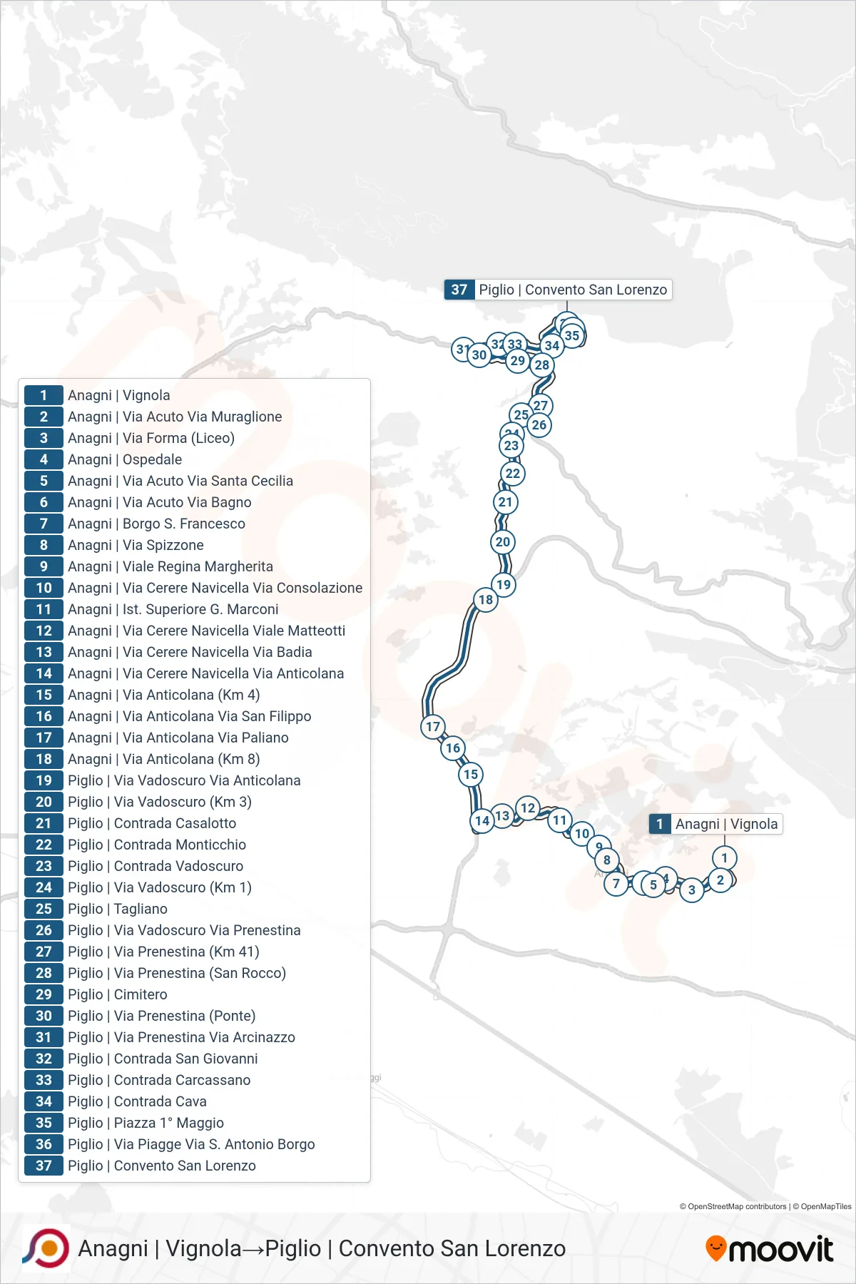 Linea COTRAL bus (Anagni | Vignola→Piglio | Convento San Lorenzo) - Percorsi e fermate sulla mappa