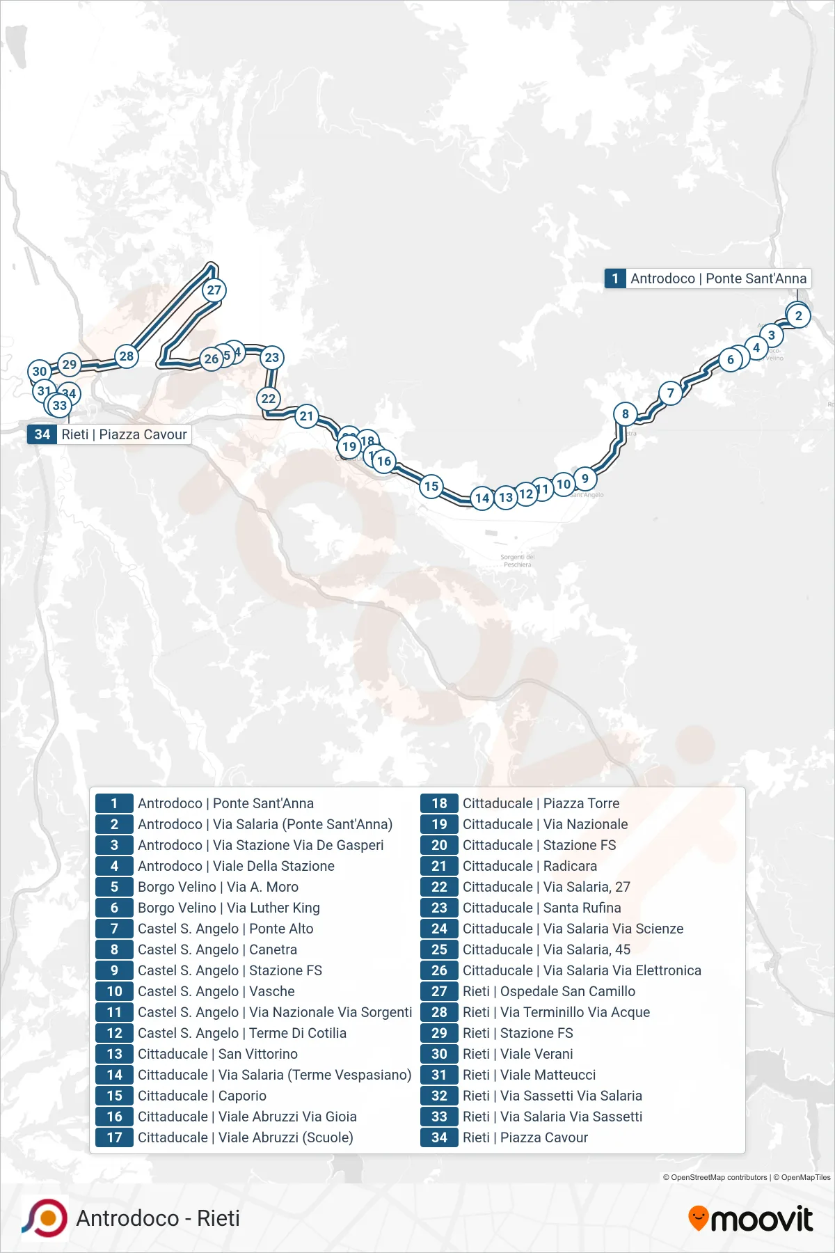 Linea COTRAL bus (Antrodoco | Ponte Sant'Anna→Rieti | Piazza Cavour) - Percorsi e fermate sulla mappa