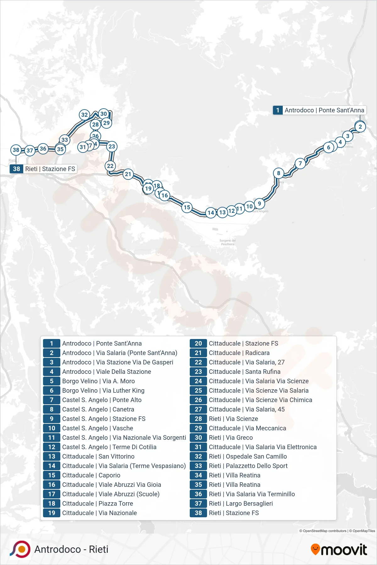 Linea COTRAL bus (Antrodoco | Ponte Sant'Anna→Rieti | Stazione FS Ist. Superiore Principessa Di Napoli) - Percorsi e fermate sulla mappa