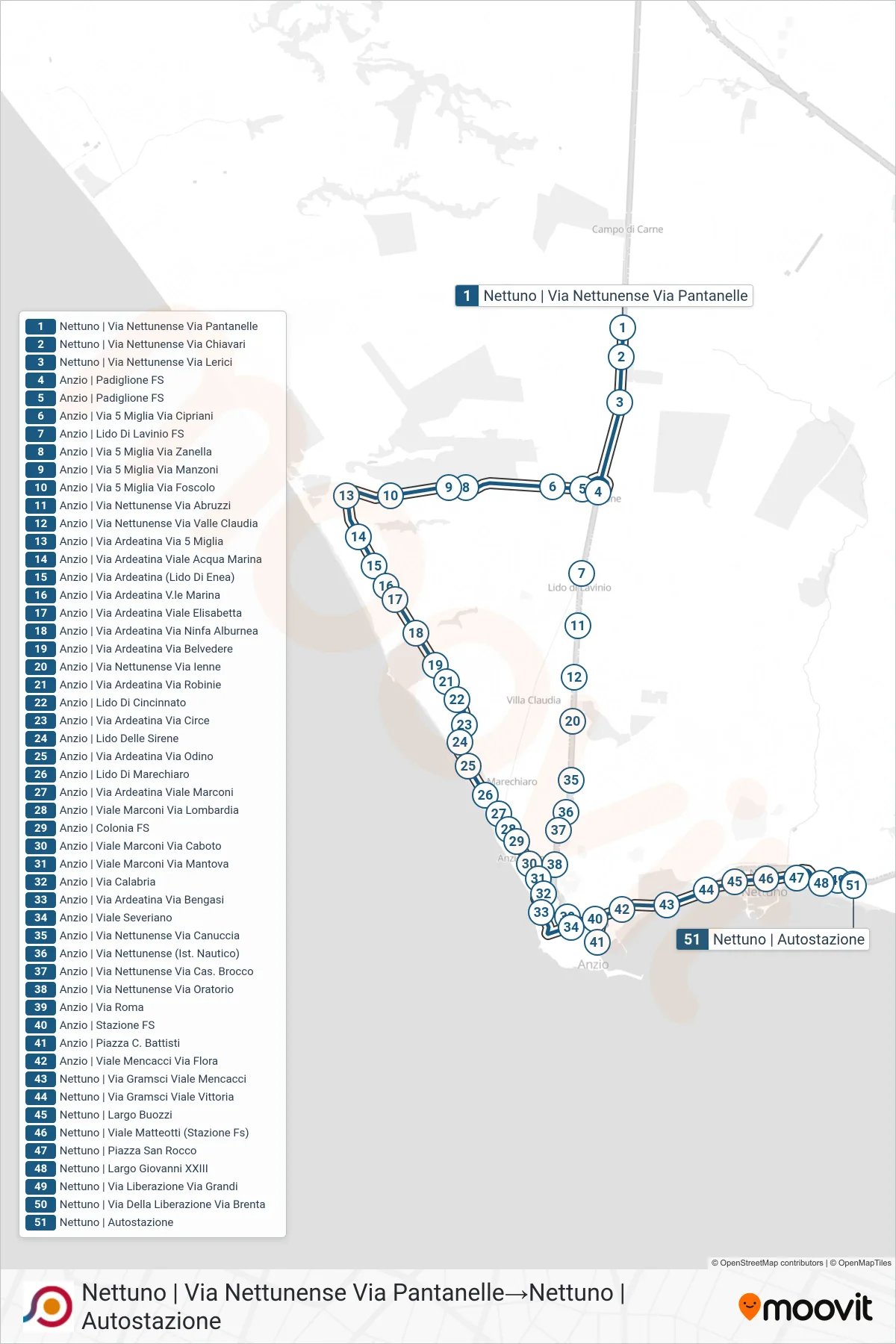 Linea COTRAL bus (Nettuno | Via Nettunense Via Pantanelle→Nettuno | Autostazione) - Percorsi e fermate sulla mappa