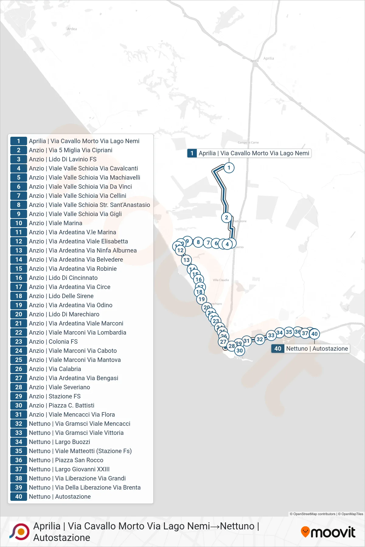 Linea COTRAL bus (Aprilia | Via Cavallo Morto Via Lago Nemi→Nettuno | Autostazione) - Percorsi e fermate sulla mappa