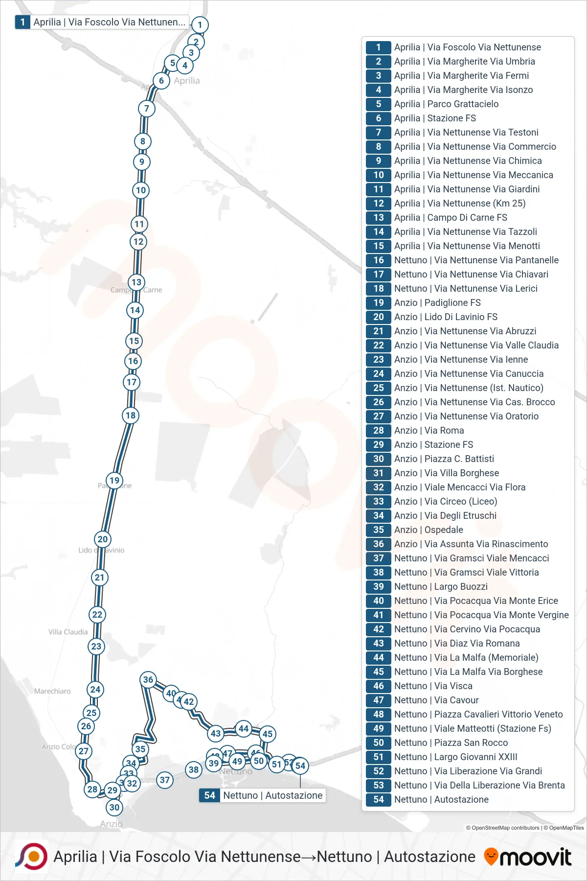Linea COTRAL bus (Aprilia | Via Foscolo Via Nettunense→Nettuno | Autostazione) - Percorsi e fermate sulla mappa