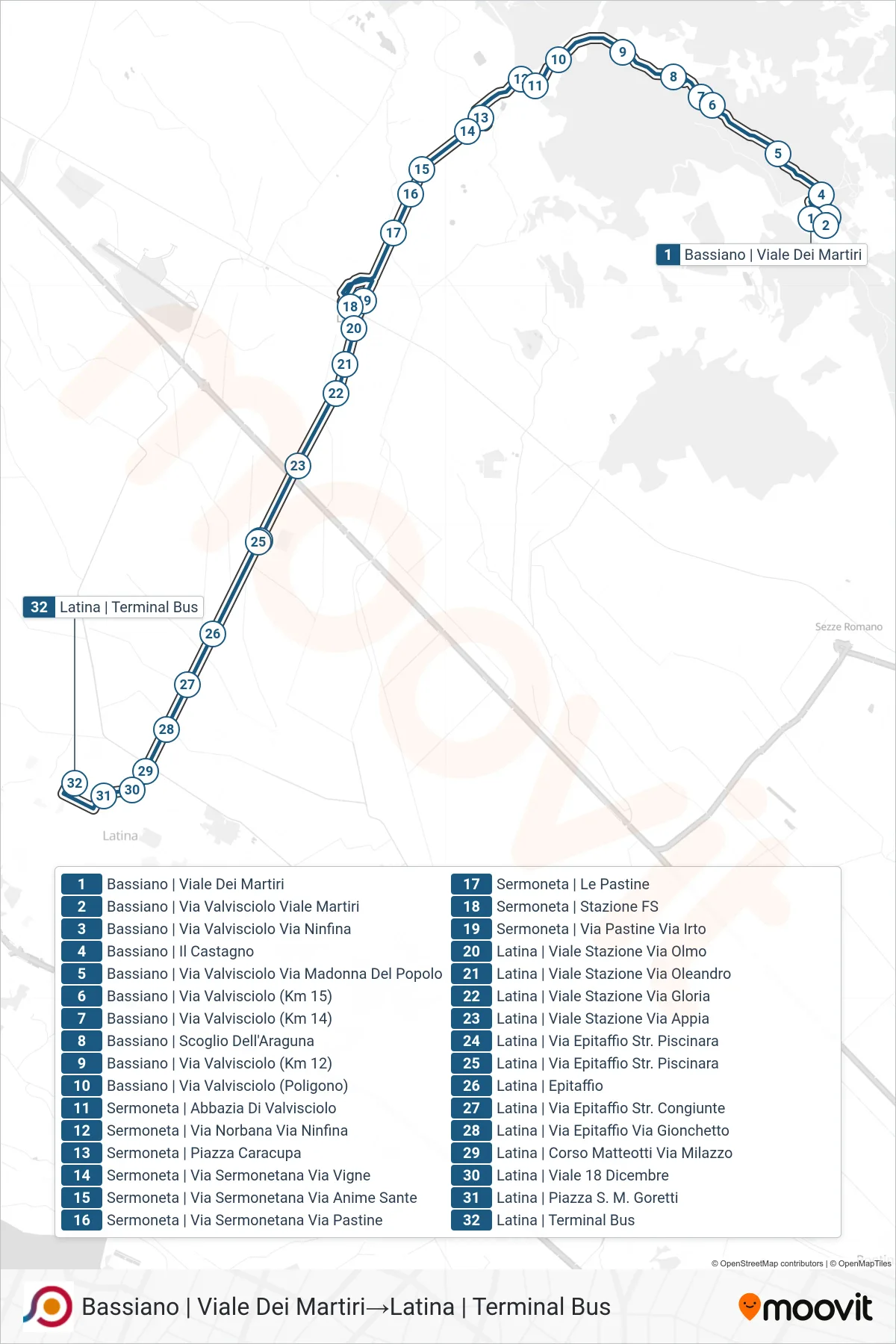 Linea COTRAL bus (Bassiano | Viale Dei Martiri→Latina | Terminal Bus) - Percorsi e fermate sulla mappa
