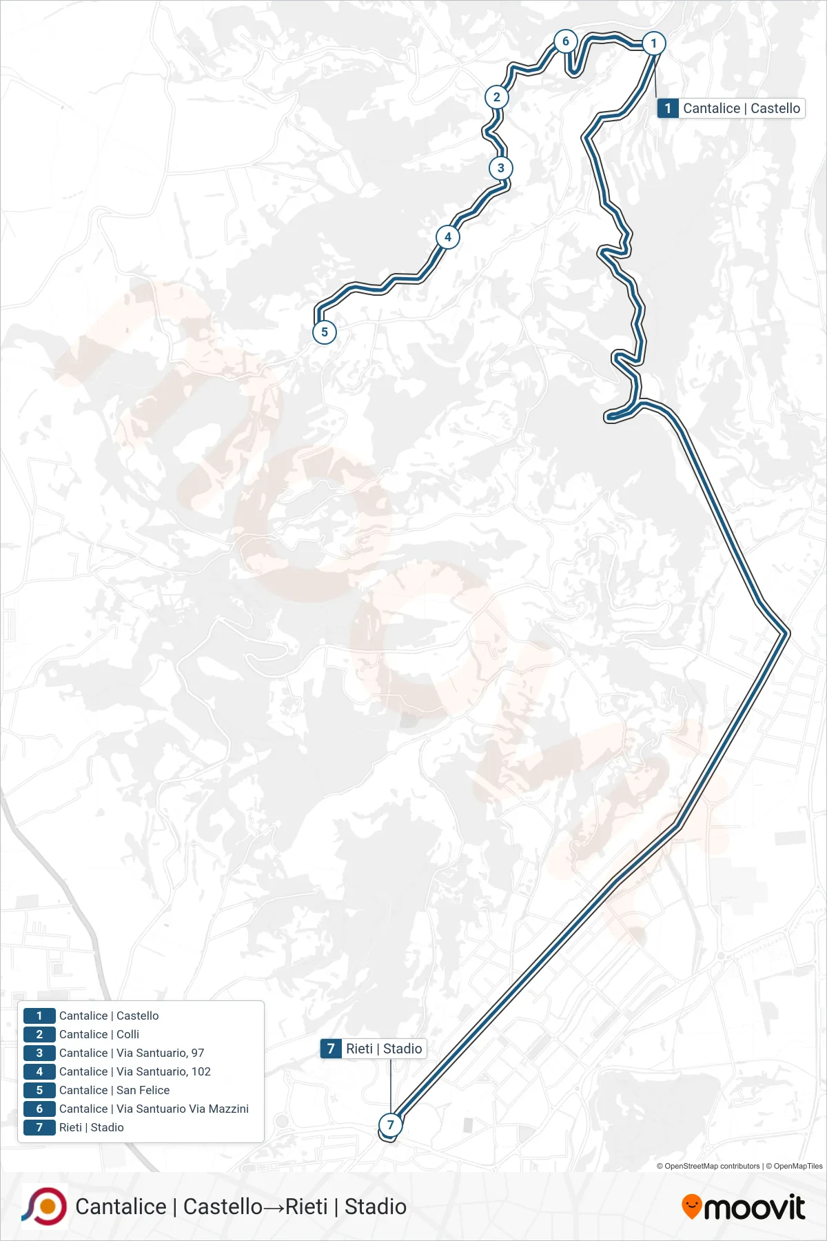 Linea COTRAL bus (Cantalice | Castello→Rieti | Stadio) - Percorsi e fermate sulla mappa