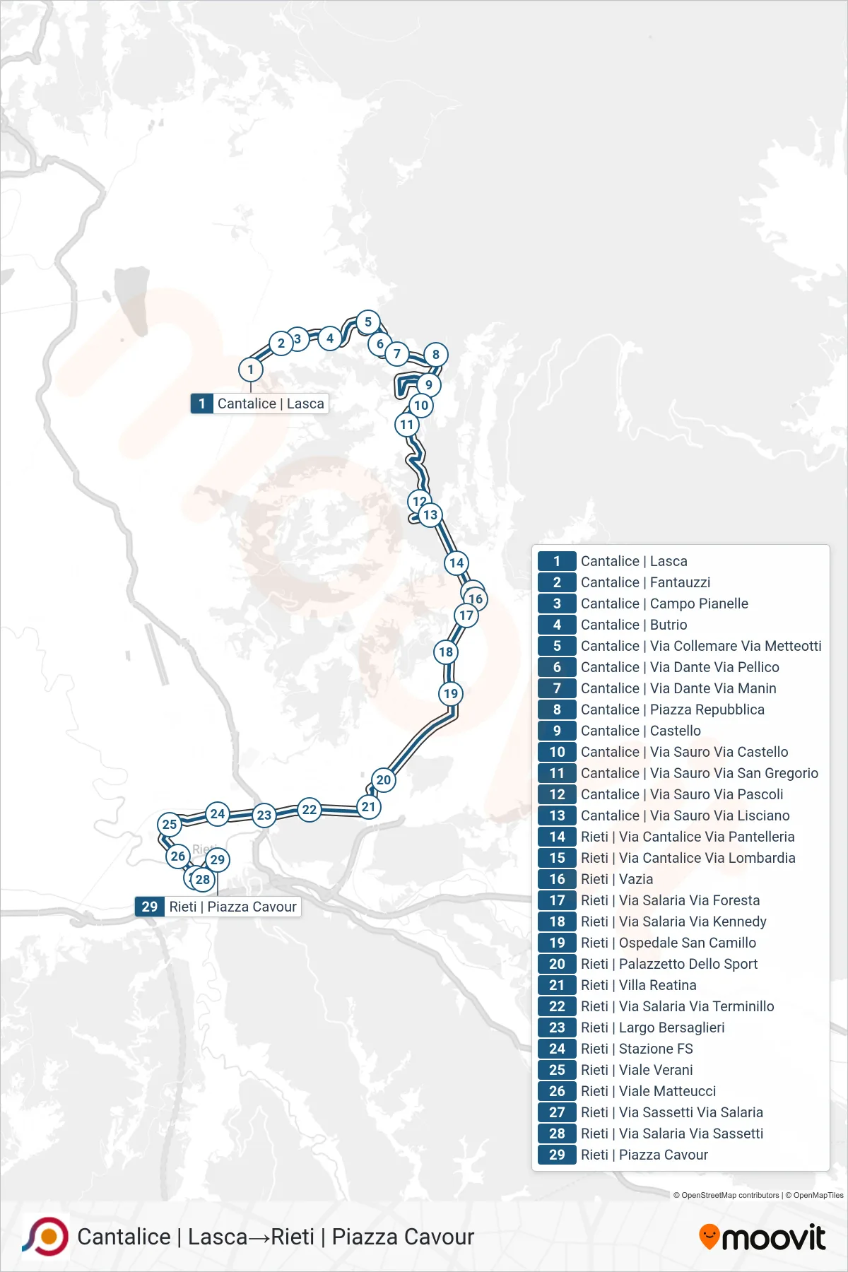 Linea COTRAL bus (Cantalice | Lasca→Rieti | Piazza Cavour) - Percorsi e fermate sulla mappa