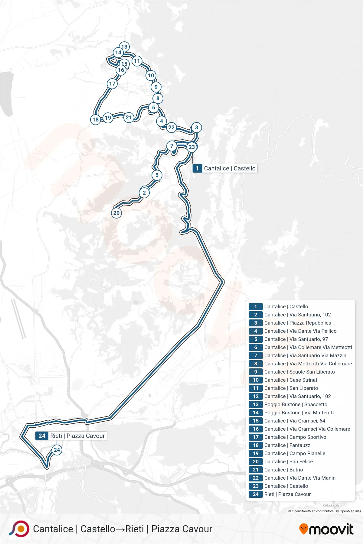 Linea COTRAL bus (Cantalice | Castello→Rieti | Piazza Cavour) - Percorsi e fermate sulla mappa