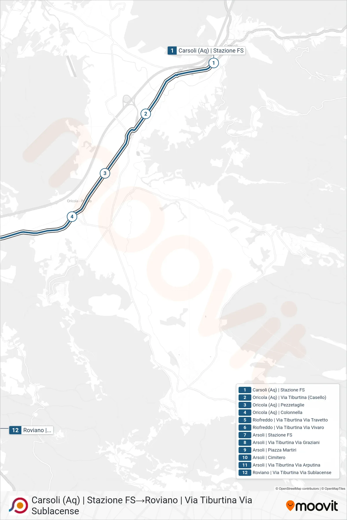 Linea COTRAL bus (Carsoli (Aq) | Stazione FS→Roviano | Via Tiburtina Via Sublacense) - Percorsi e fermate sulla mappa