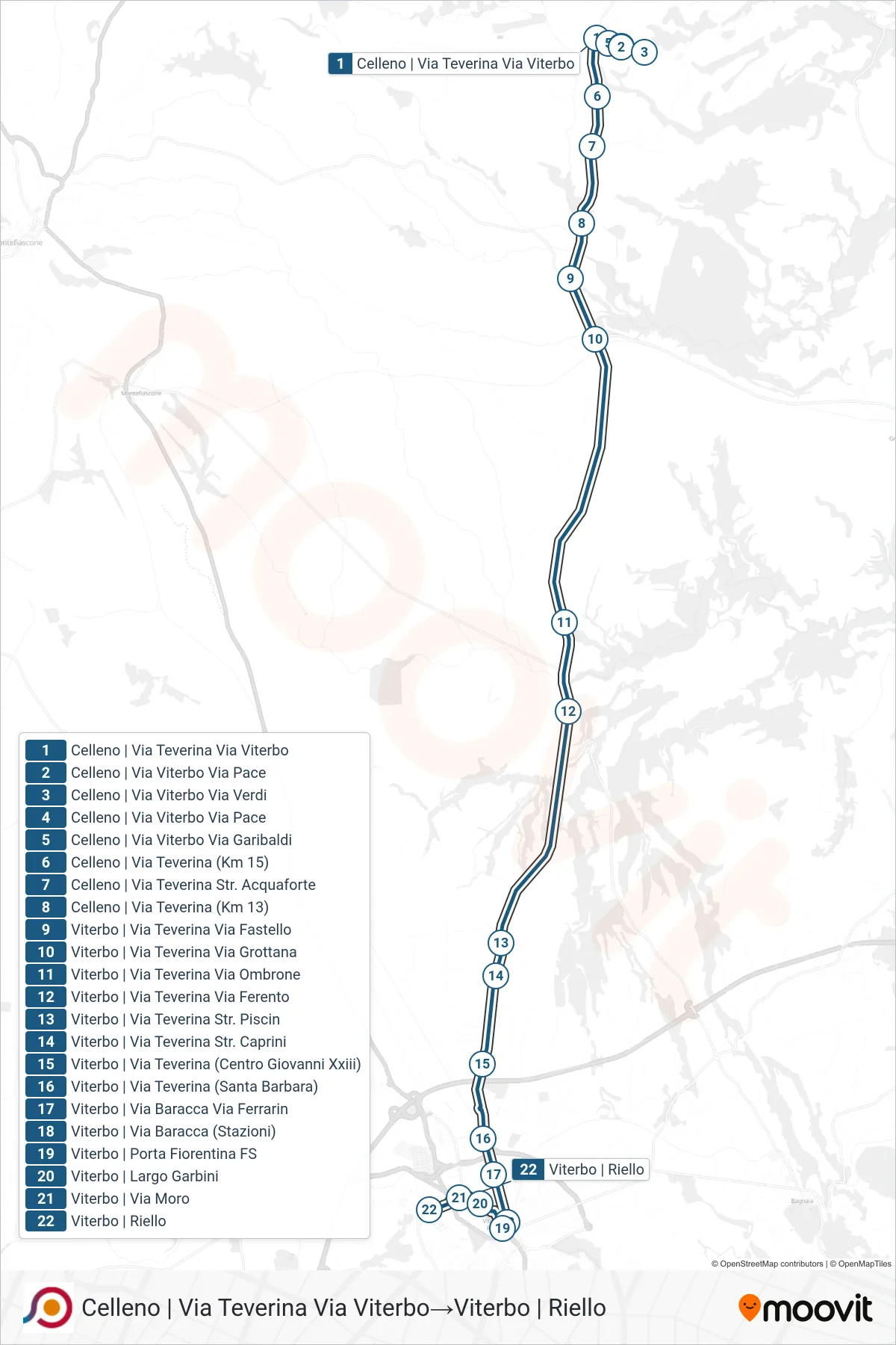 Linea COTRAL bus (Celleno | Via Teverina Via Viterbo→Viterbo | Riello) - Percorsi e fermate sulla mappa