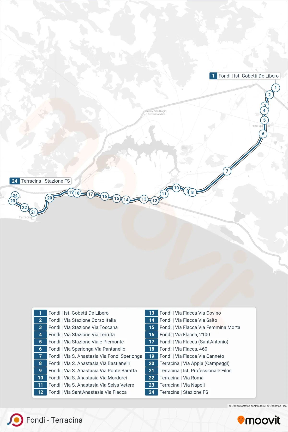Linea COTRAL bus (Fondi | Ist. Gobetti De Libero→Terracina | Stazione FS) - Percorsi e fermate sulla mappa