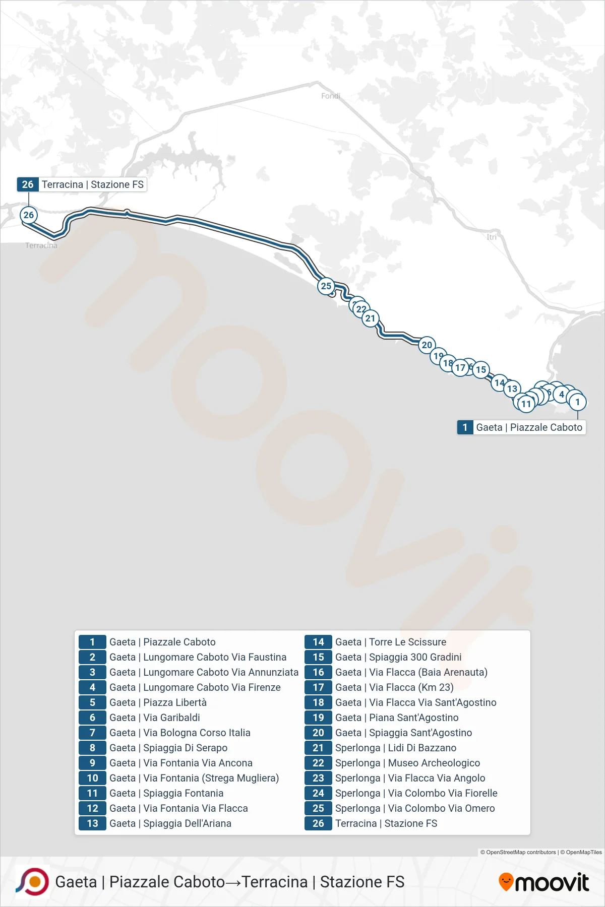 Linea COTRAL bus (Gaeta | Piazzale Caboto→Terracina | Stazione FS) - Percorsi e fermate sulla mappa