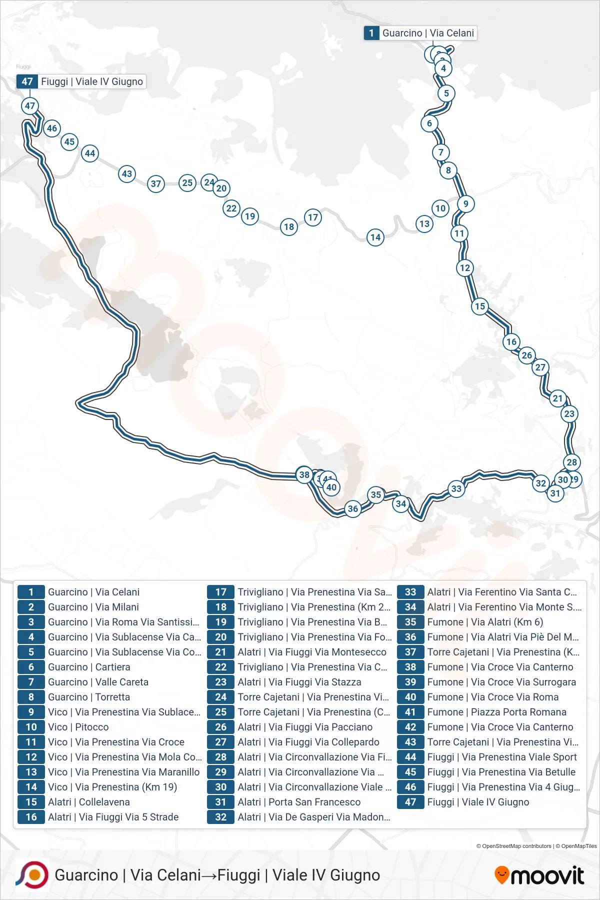 Linea COTRAL  bus (Guarcino | Via Celani‎→Fiuggi | Viale IV Giugno) - Percorsi e fermate sulla mappa