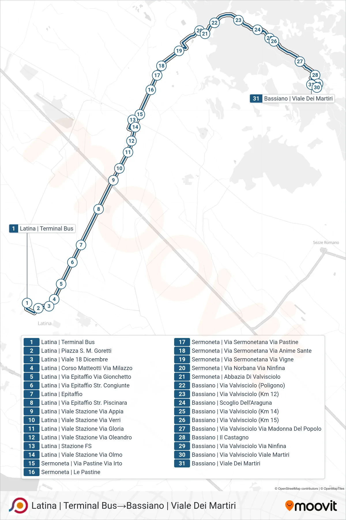 Linea COTRAL bus (Latina | Terminal Bus→Bassiano | Viale Dei Martiri) - Percorsi e fermate sulla mappa
