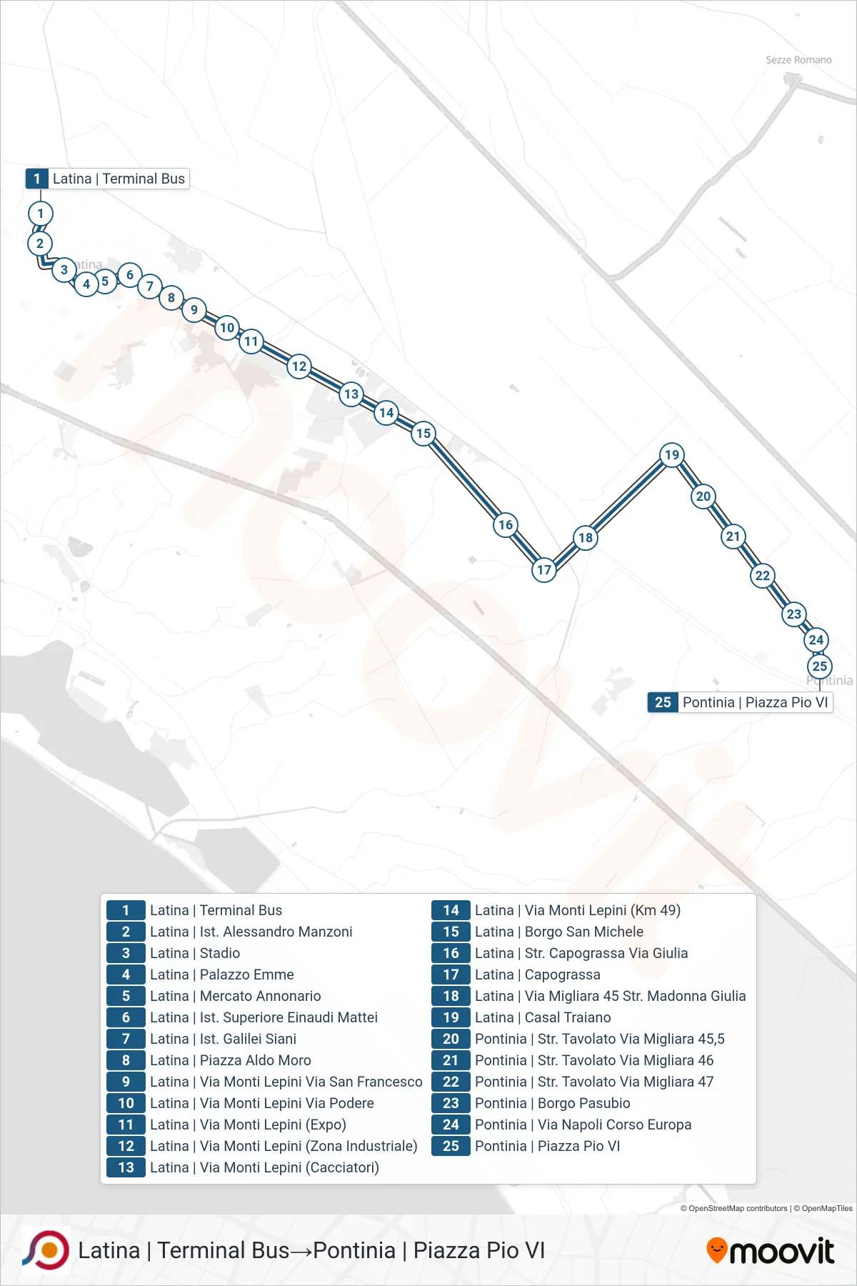 Linea COTRAL bus (Latina | Terminal Bus→Pontinia | Piazza Pio VI) - Percorsi e fermate sulla mappa