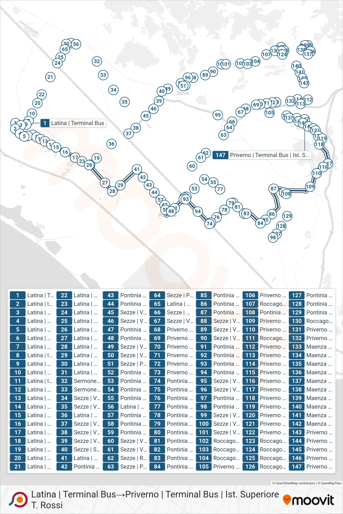 Linea COTRAL bus (Latina | Terminal Bus→Priverno | Terminal Bus | Ist. Superiore T. Rossi) - Percorsi e fermate sulla mappa