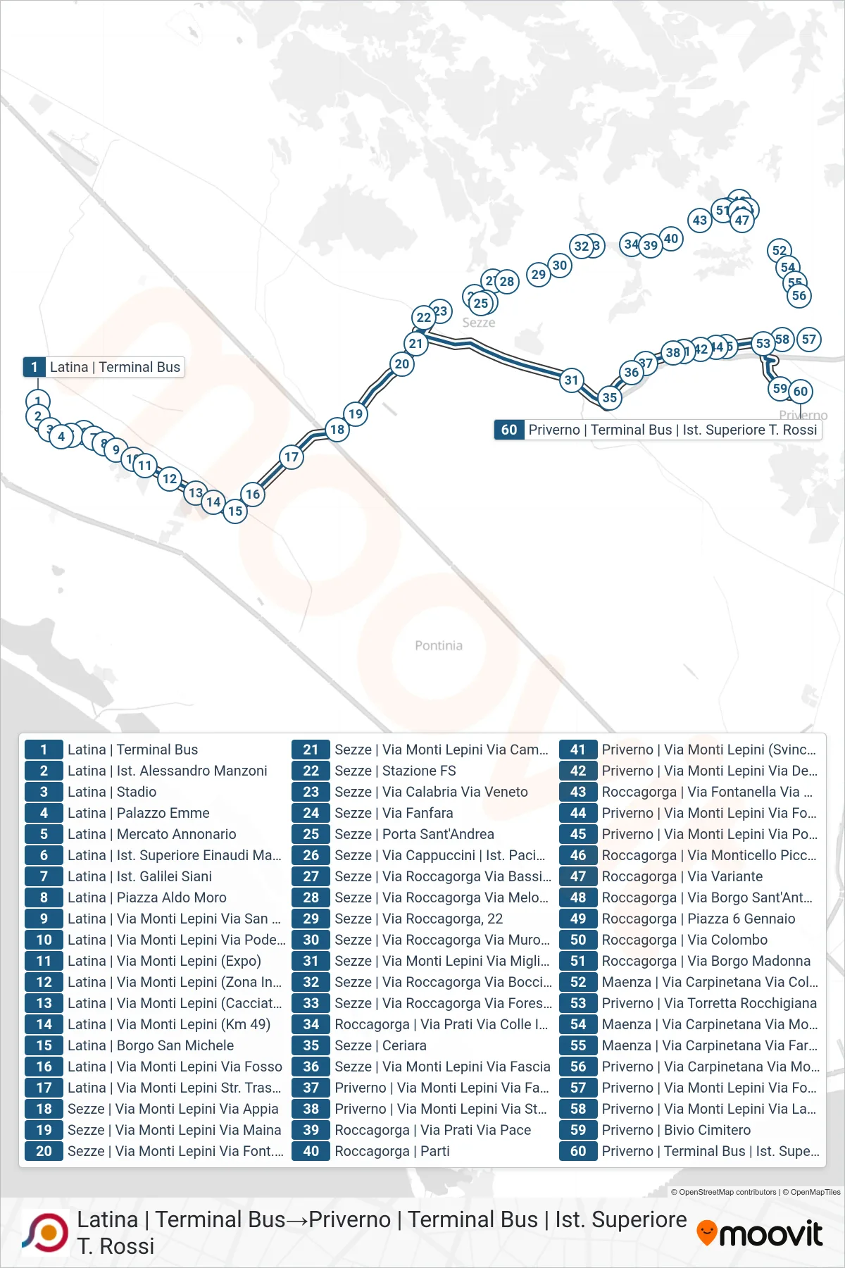 Linea COTRAL bus (Latina | Terminal Bus→Priverno | Terminal Bus | Ist. Superiore T. Rossi) - Percorsi e fermate sulla mappa