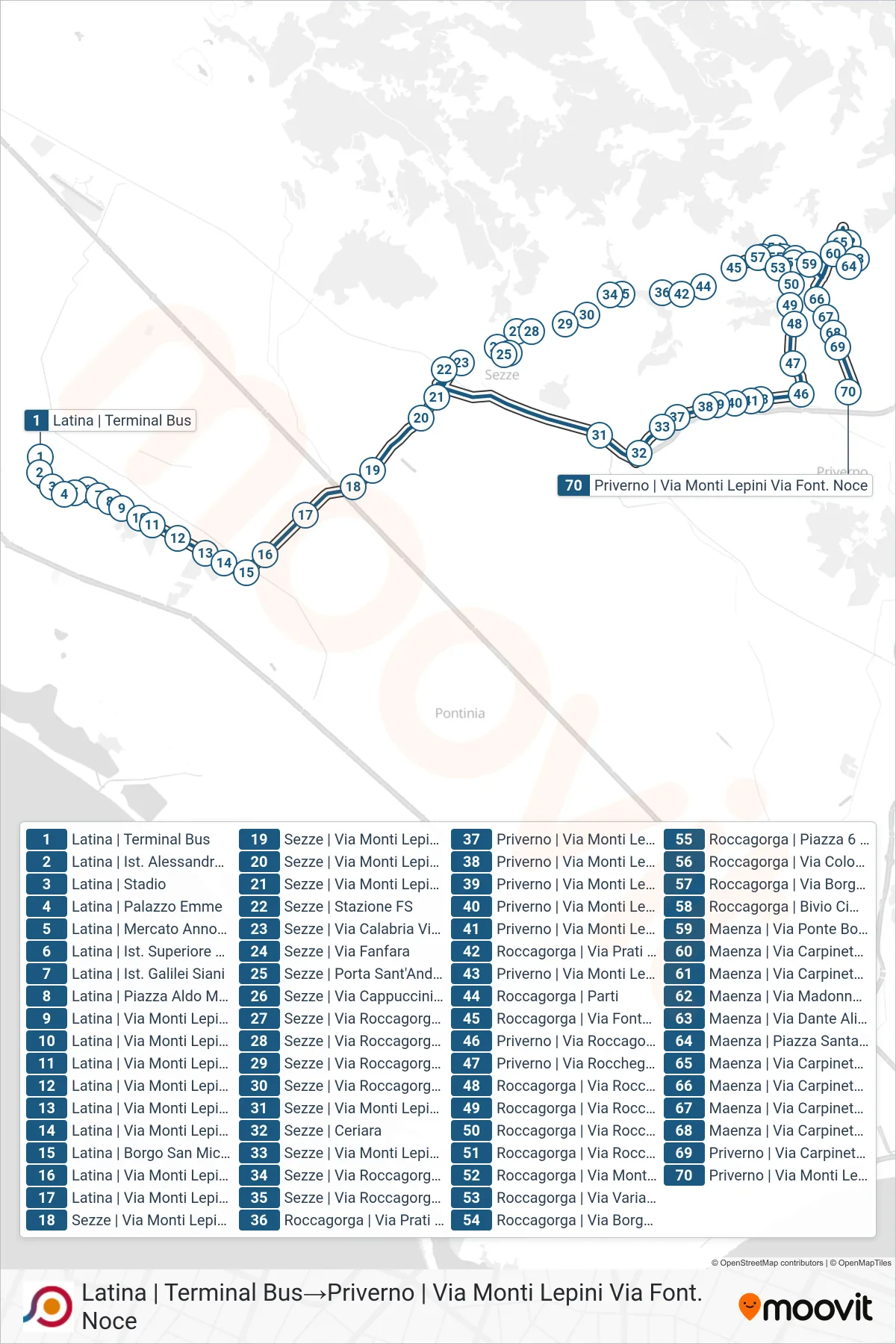 Linea COTRAL bus (Latina | Terminal Bus→Priverno | Via Monti Lepini Via Font. Noce) - Percorsi e fermate sulla mappa