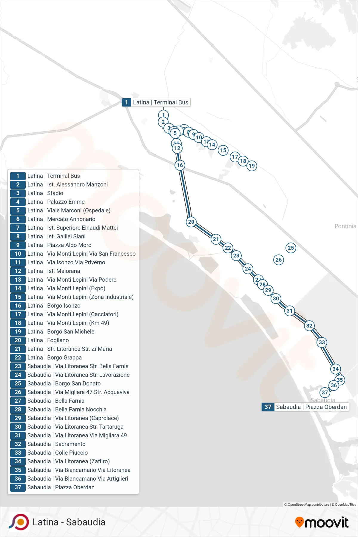 Linea COTRAL bus (Latina | Terminal Bus→Sabaudia | Piazza Oberdan) - Percorsi e fermate sulla mappa