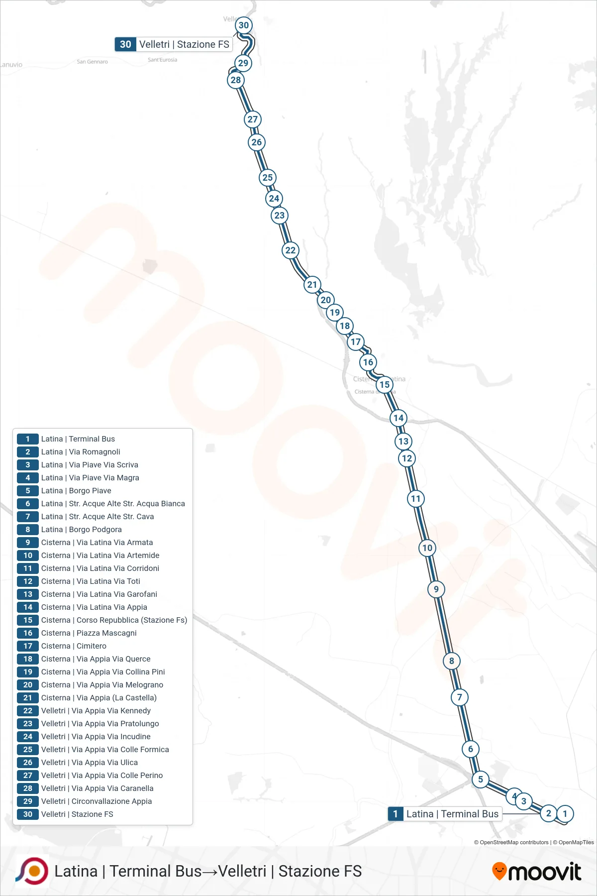Linea COTRAL bus (Latina | Terminal Bus→Velletri | Stazione FS) - Percorsi e fermate sulla mappa