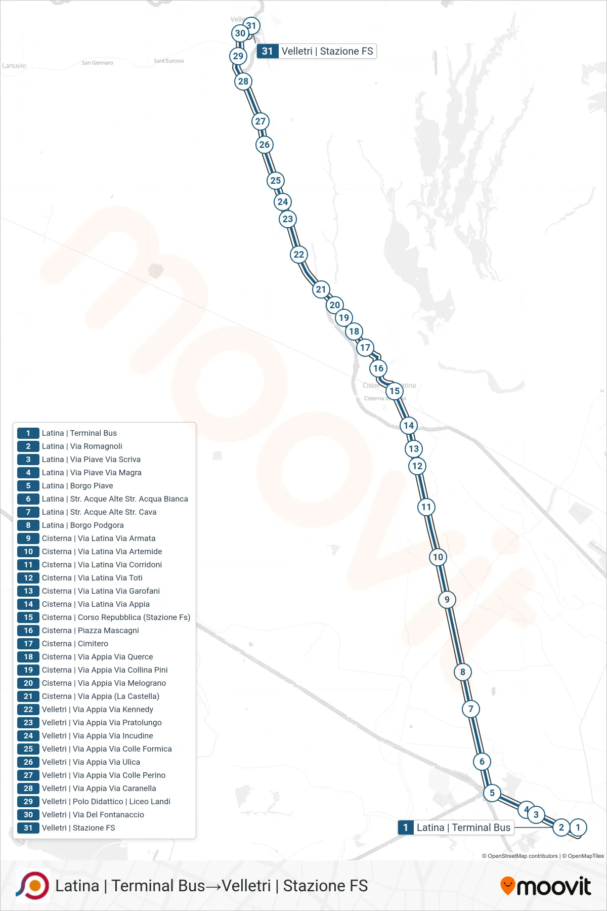 Linea COTRAL bus (Latina | Terminal Bus→Velletri | Stazione FS) - Percorsi e fermate sulla mappa
