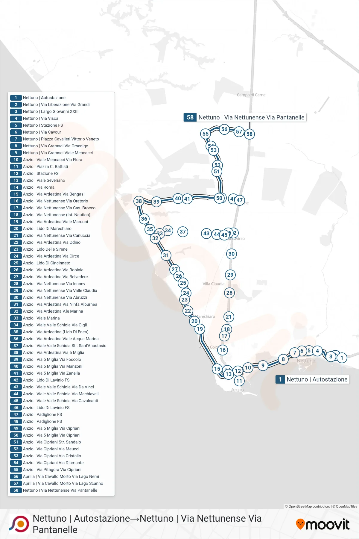 Linea COTRAL bus (Nettuno | Autostazione→Nettuno | Via Nettunense Via Pantanelle) - Percorsi e fermate sulla mappa