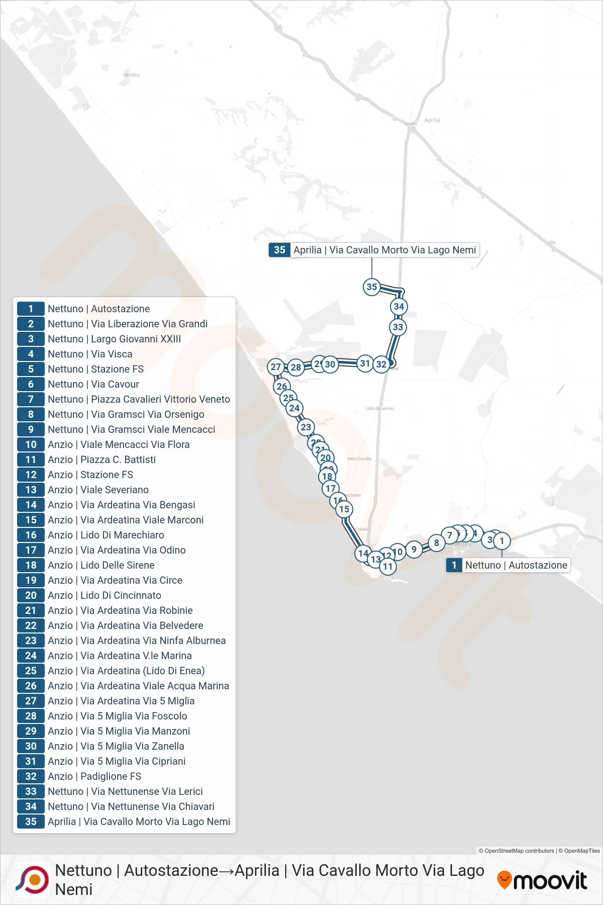 Linea COTRAL bus (Nettuno | Autostazione→Aprilia | Via Cavallo Morto Via Lago Nemi) - Percorsi e fermate sulla mappa
