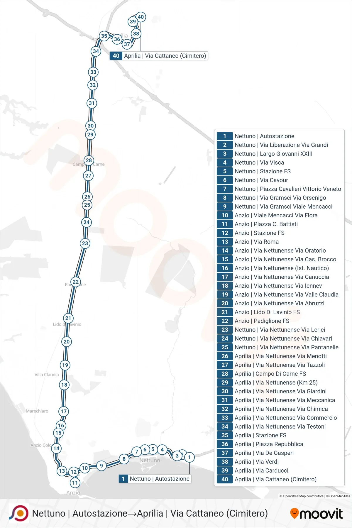 COTRAL bus Line (Nettuno | Bus Station→Aprilia via Cattaneo (Cemetery)) route and stops on a map