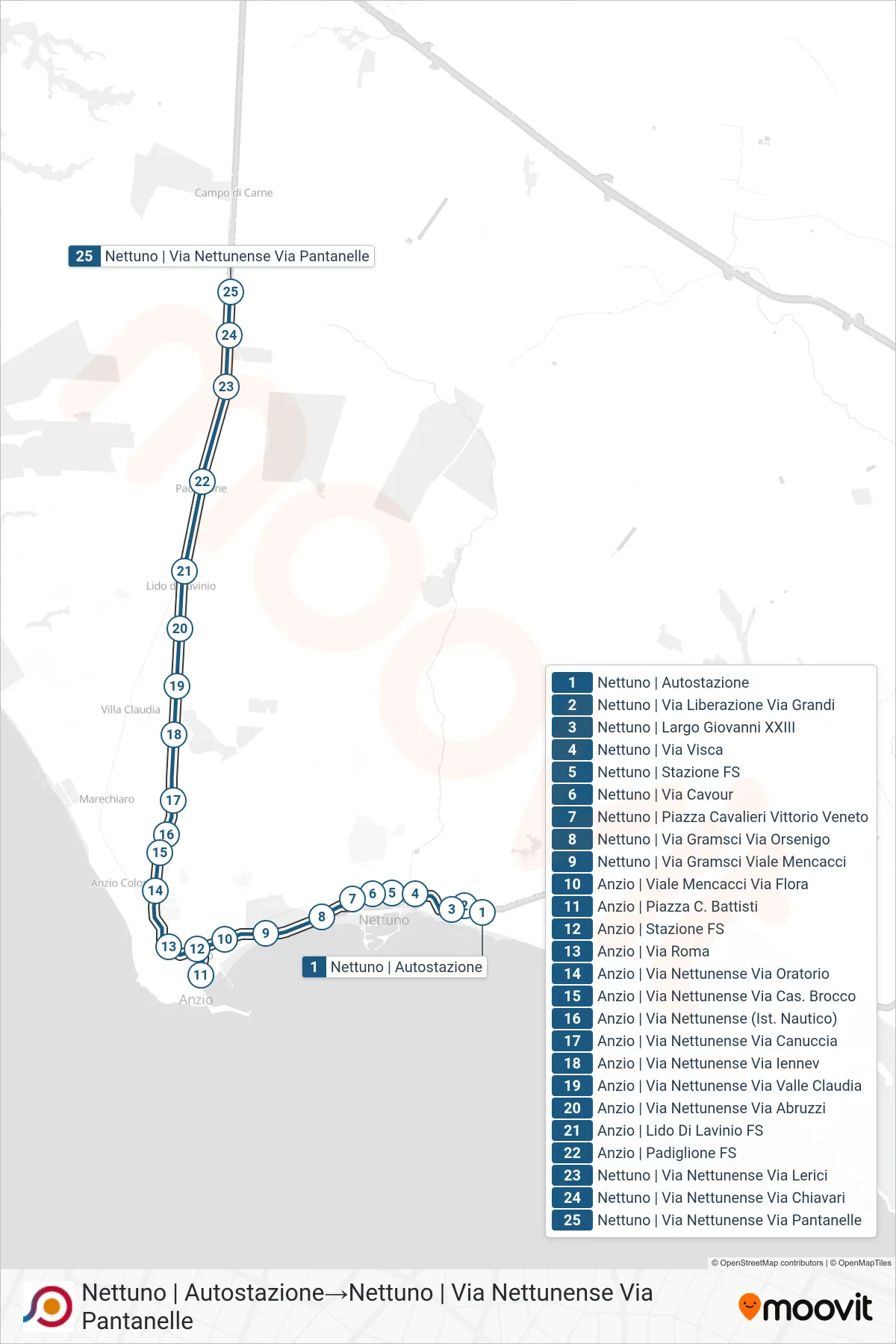 Linea COTRAL bus (Nettuno | Autostazione→Nettuno | Via Nettunense Via Pantanelle) - Percorsi e fermate sulla mappa