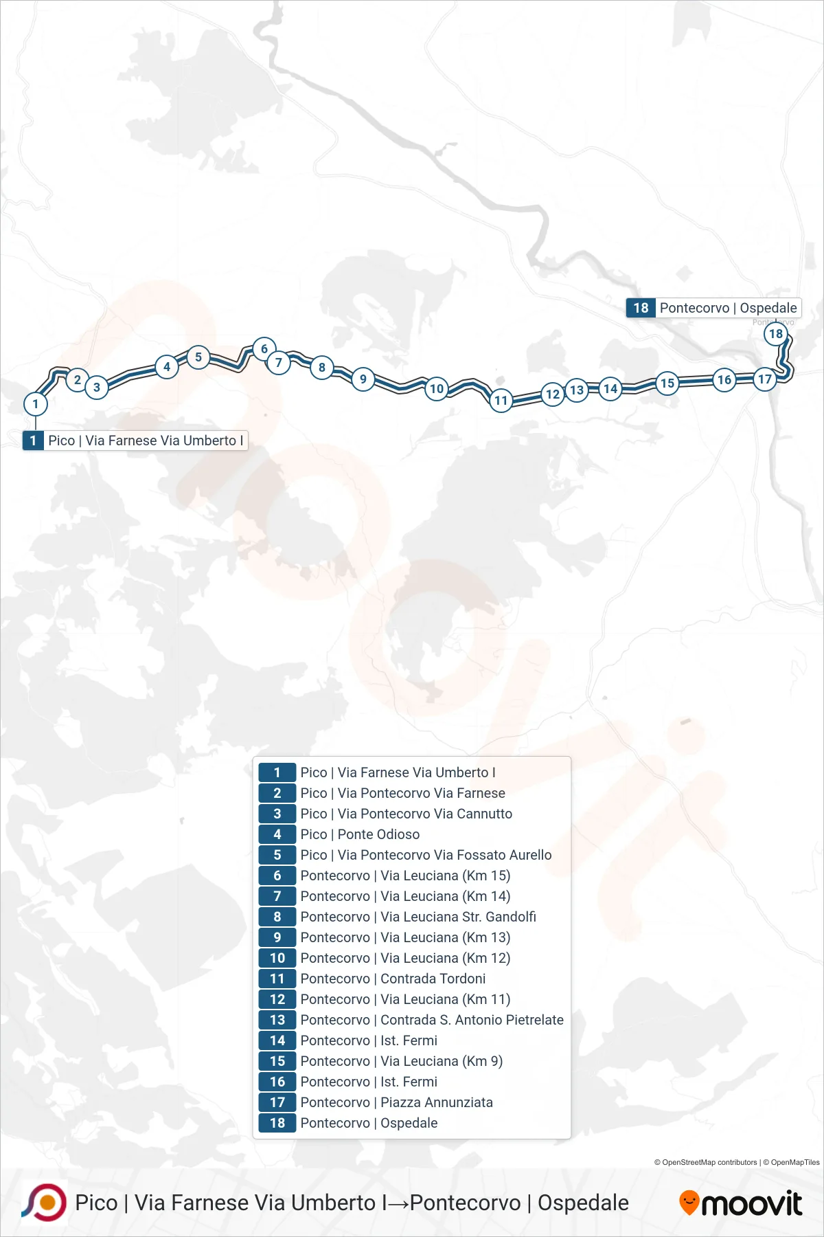 Linea COTRAL bus (Pico | Via Farnese Via Umberto I→Pontecorvo | Ospedale) - Percorsi e fermate sulla mappa