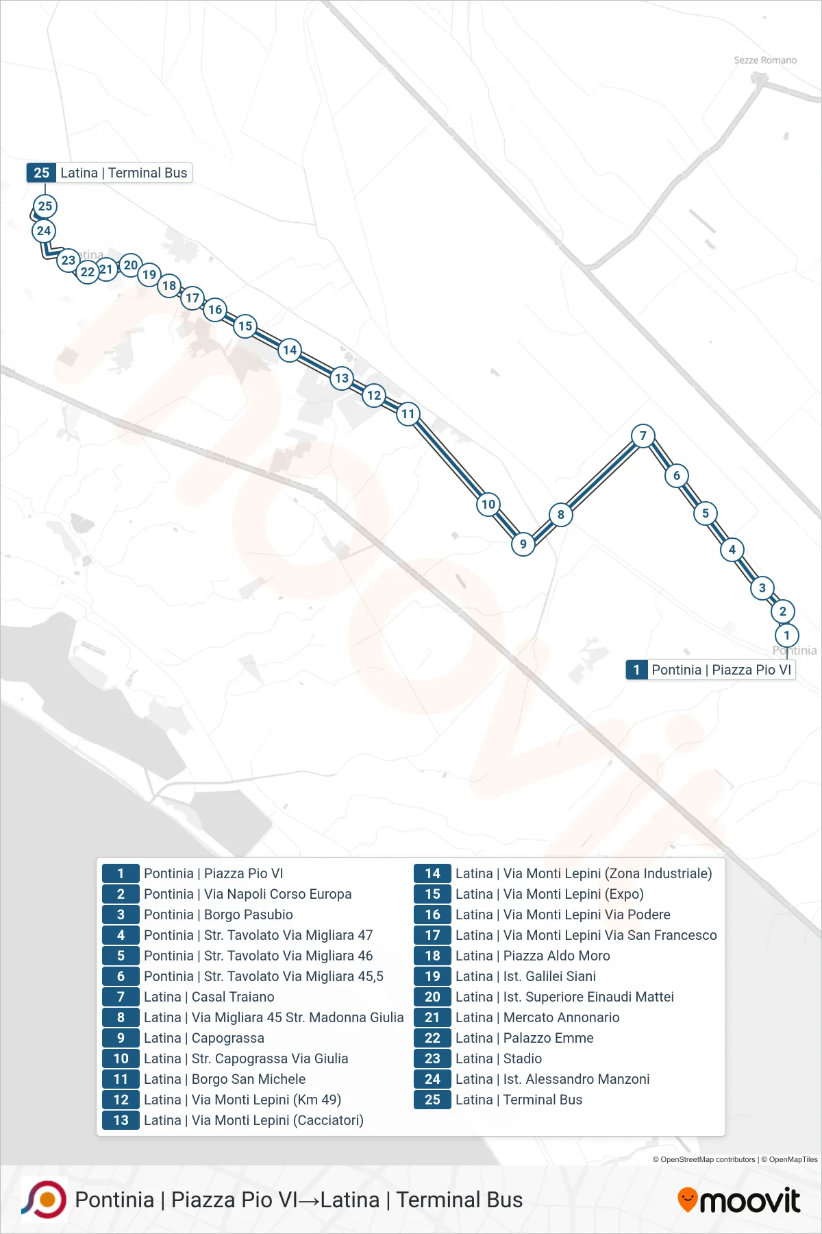 Linea COTRAL bus (Pontinia | Piazza Pio VI→Latina | Terminal Bus) - Percorsi e fermate sulla mappa