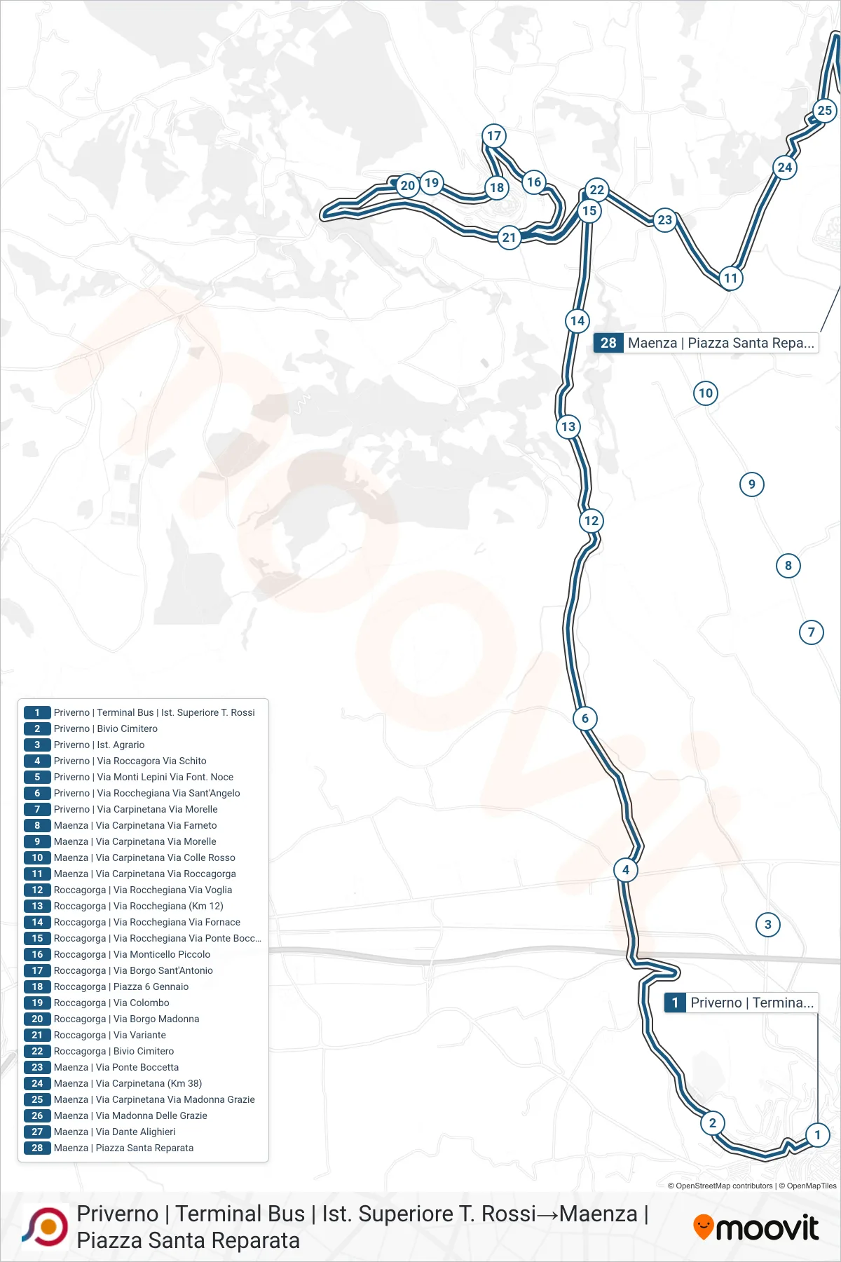 Linea COTRAL bus (Priverno | Terminal Bus | Ist. Superiore T. Rossi→Maenza | Piazza Santa Reparata) - Percorsi e fermate sulla mappa
