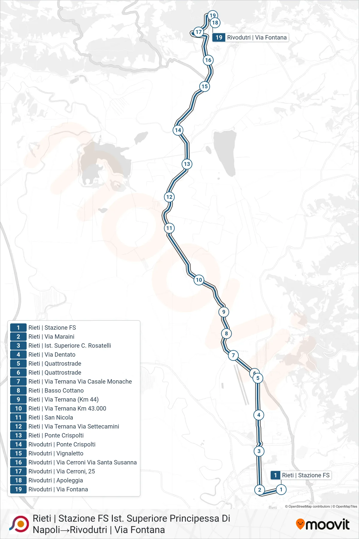 Linea COTRAL bus (Rieti | Stazione FS Ist. Superiore Principessa Di Napoli→Rivodutri | Via Fontana) - Percorsi e fermate sulla mappa