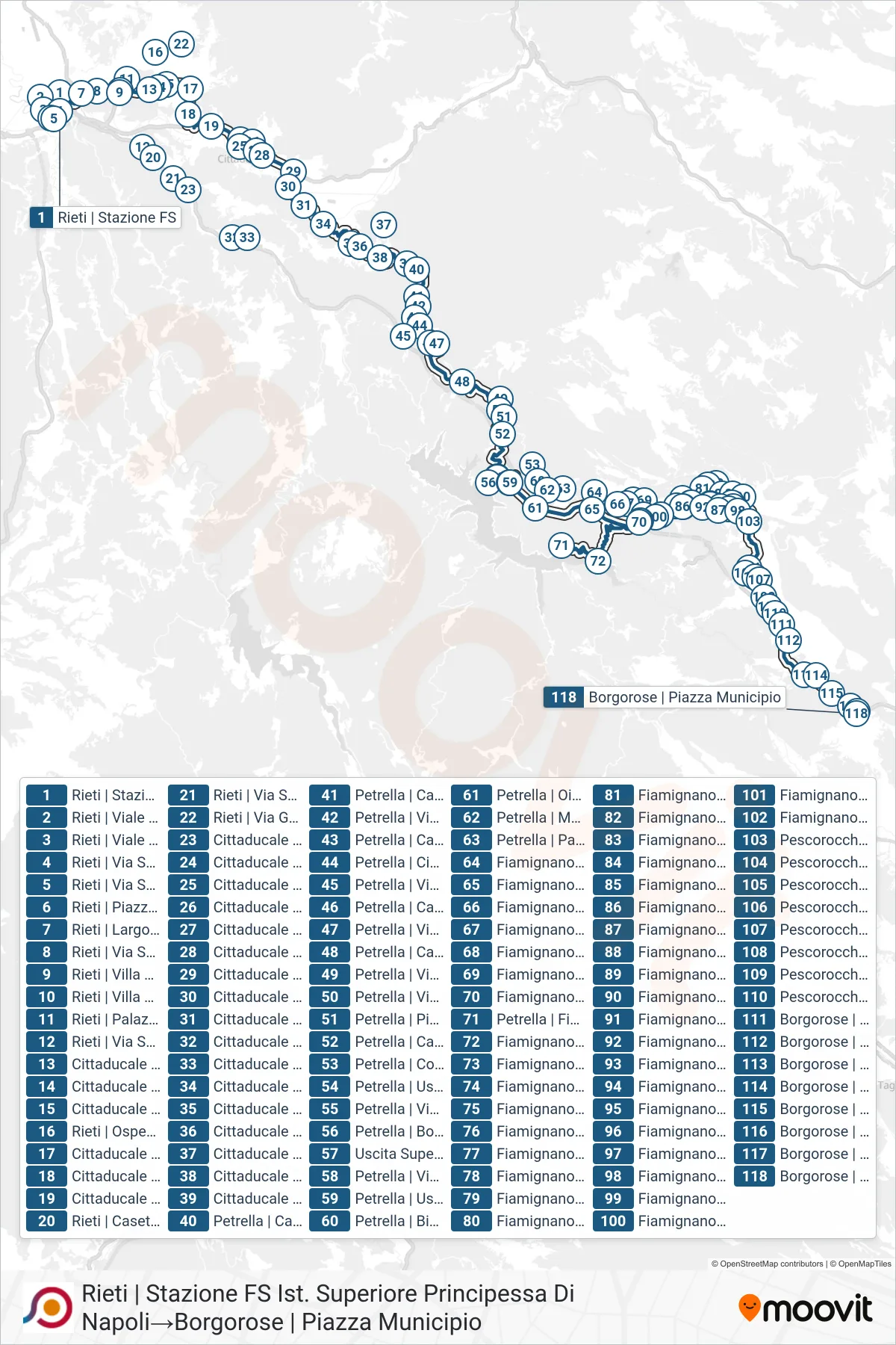 Linea COTRAL bus (Rieti | Stazione FS Ist. Superiore Principessa Di Napoli→Borgorose | Piazza Municipio) - Percorsi e fermate sulla mappa
