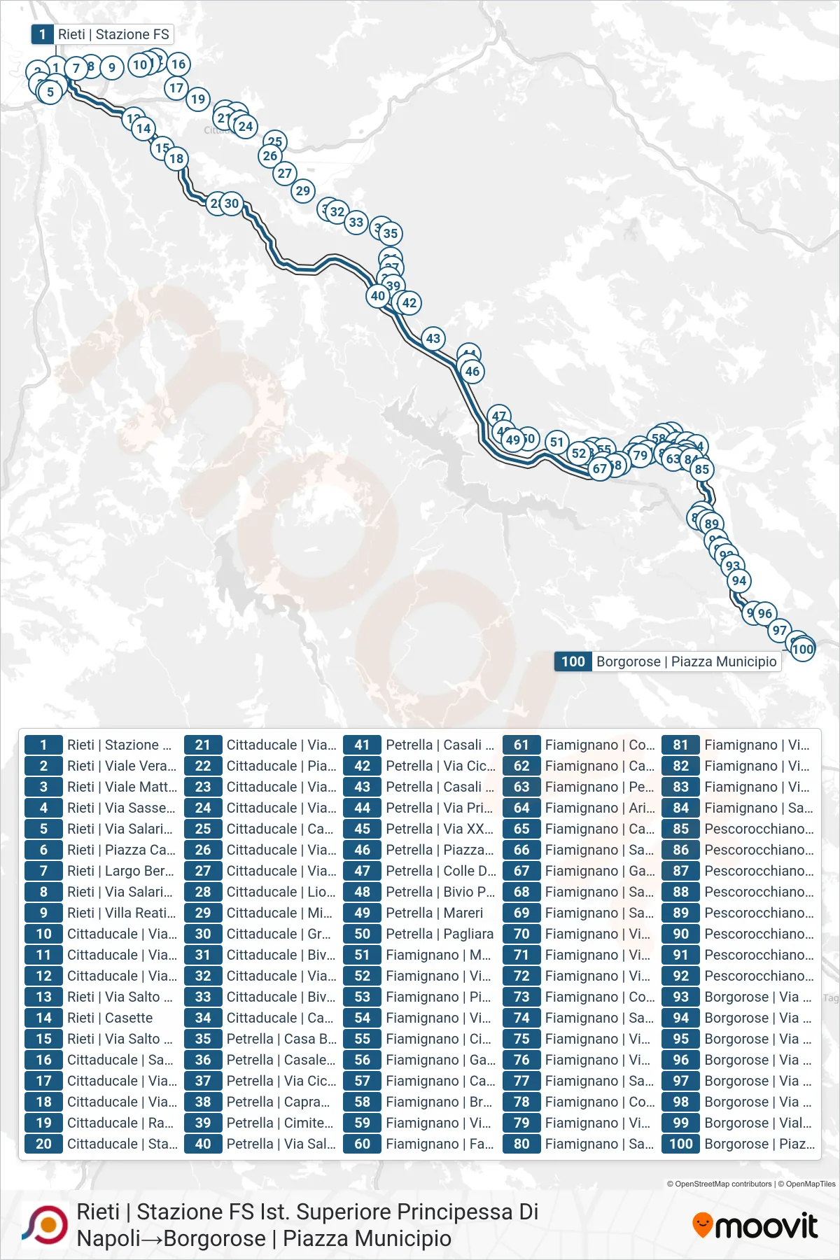 Linea COTRAL bus (Rieti | Stazione FS Ist. Superiore Principessa Di Napoli→Borgorose | Piazza Municipio) - Percorsi e fermate sulla mappa