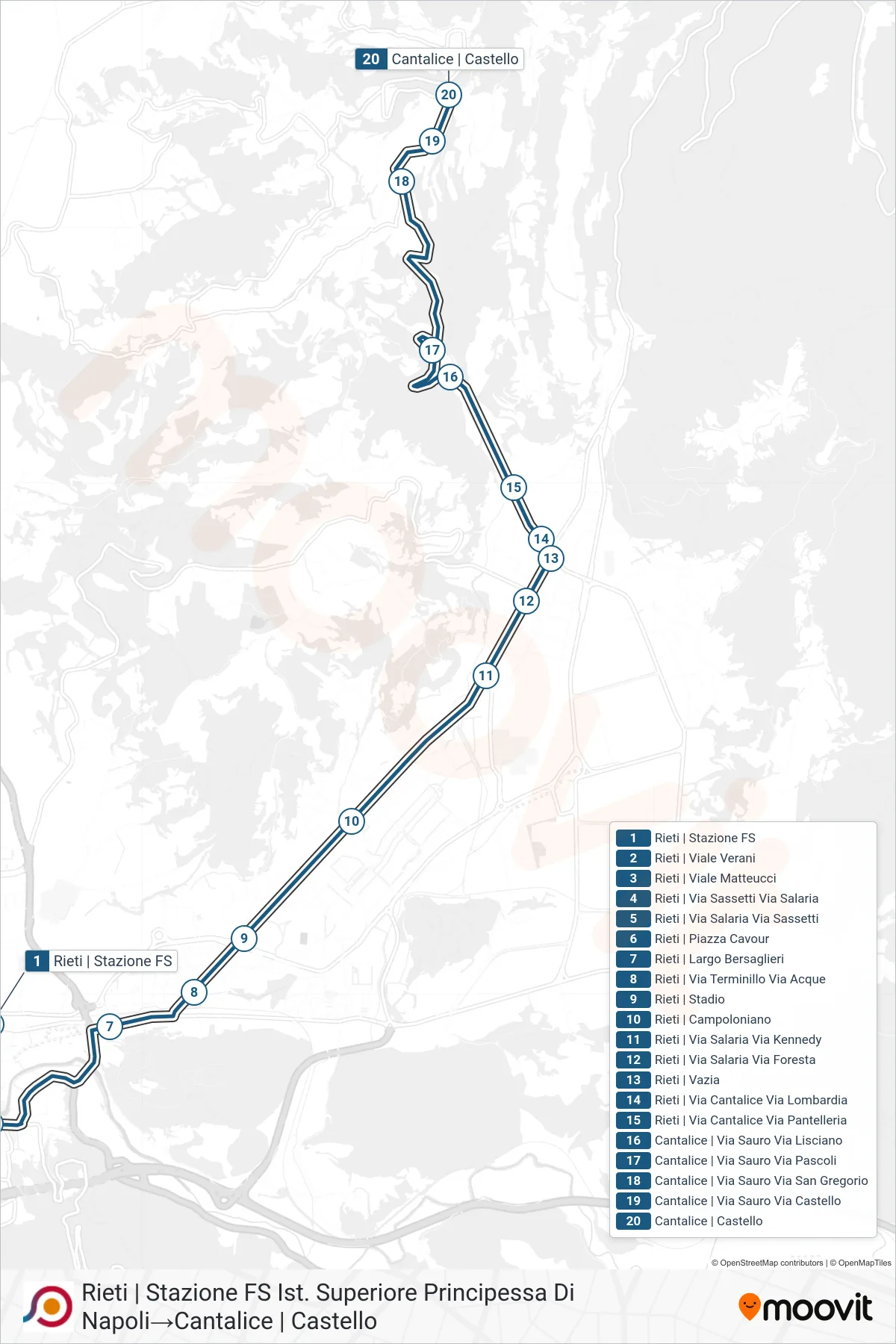 Linea COTRAL bus (Rieti | Stazione FS Ist. Superiore Principessa Di Napoli→Cantalice | Castello) - Percorsi e fermate sulla mappa