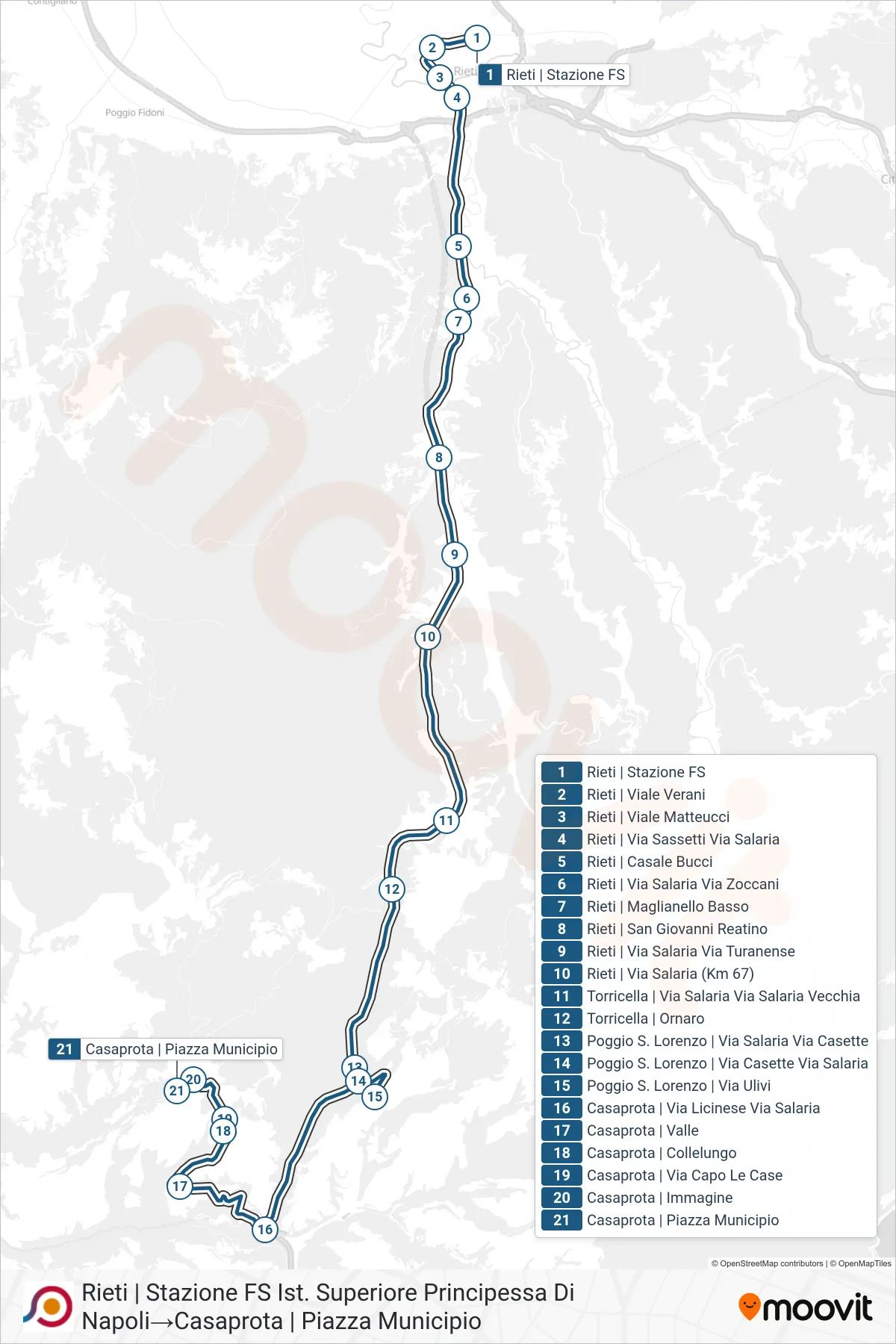 Linea COTRAL  bus (Rieti | Stazione FS Ist. Superiore Principessa Di Napoli‎→Casaprota | Piazza Municipio) - Percorsi e fermate sulla mappa