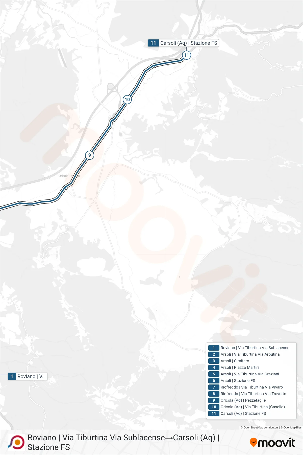 Linea COTRAL  bus (Roviano | Via Tiburtina Via Sublacense‎→Carsoli (Aq) | Stazione FS) - Percorsi e fermate sulla mappa