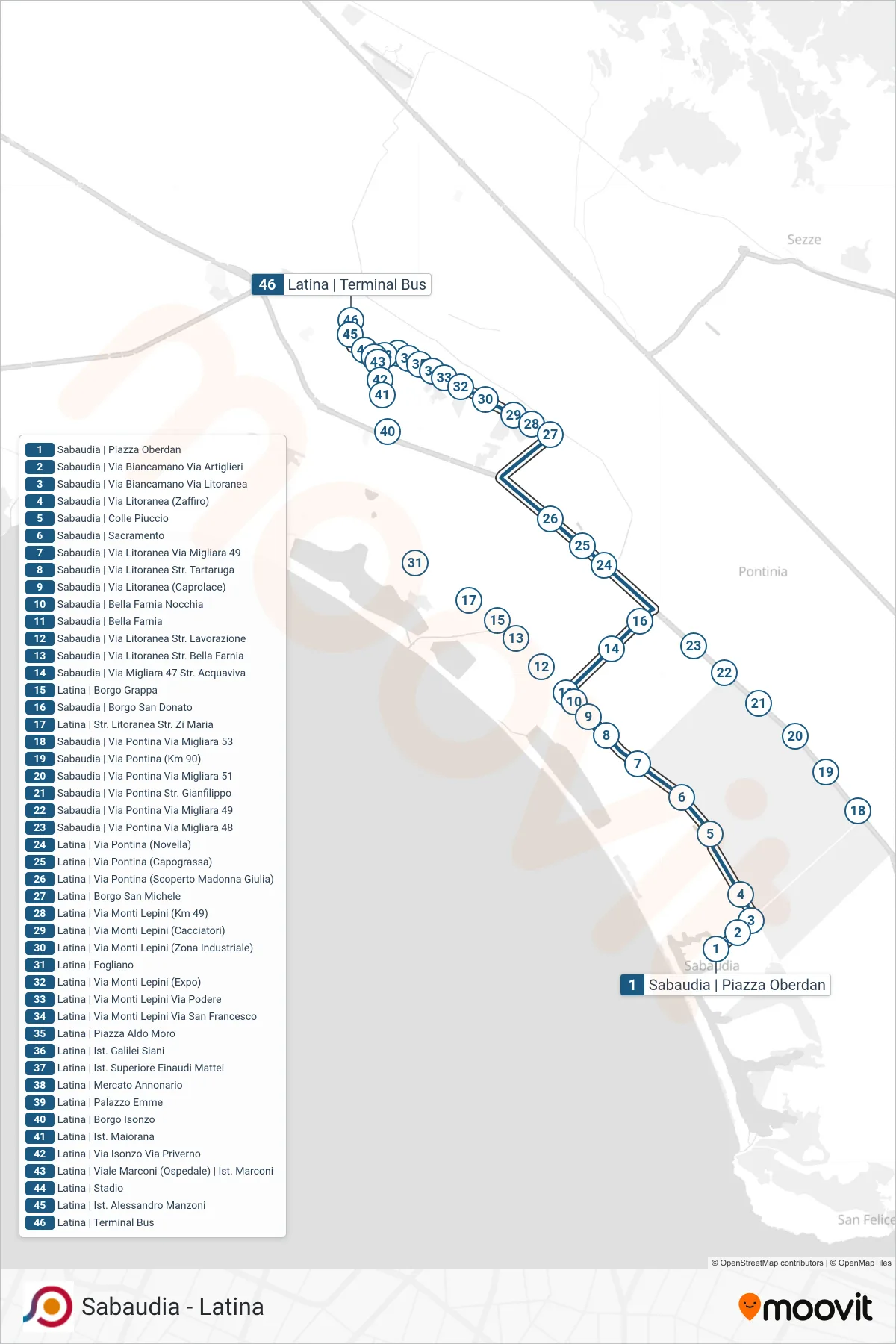 Linea COTRAL bus (Sabaudia | Piazza Oberdan→Latina | Terminal Bus) - Percorsi e fermate sulla mappa