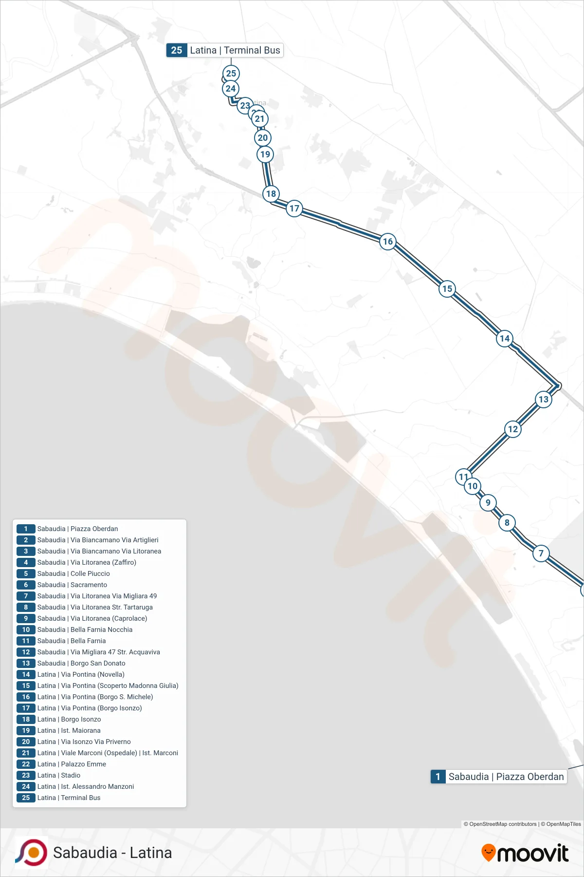 Linea COTRAL bus (Sabaudia | Piazza Oberdan→Latina | Terminal Bus) - Percorsi e fermate sulla mappa