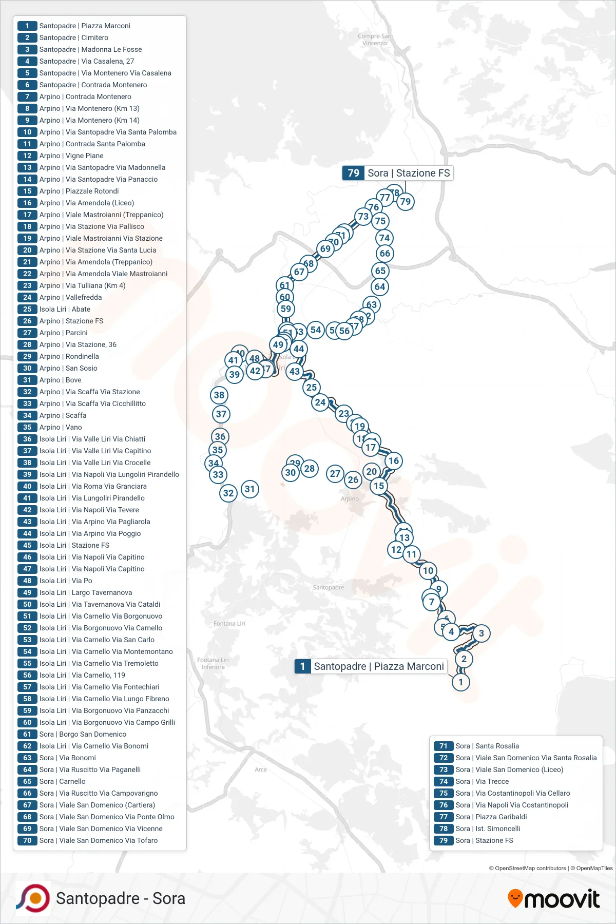 Linea COTRAL bus (Santopadre | Piazza Marconi→Sora | Stazione FS) - Percorsi e fermate sulla mappa