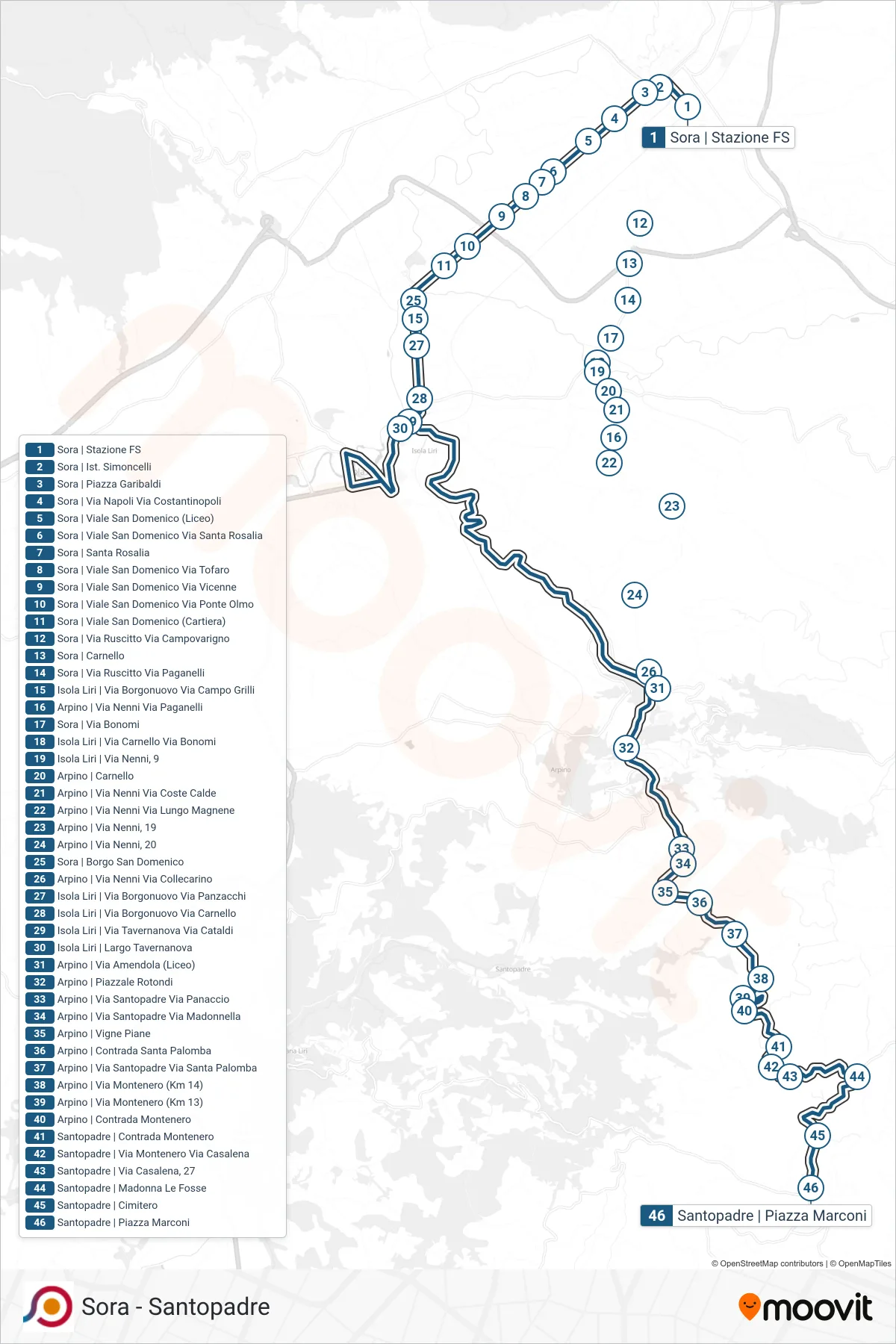 Linea COTRAL bus (Sora | Stazione FS→Santopadre | Piazza Marconi) - Percorsi e fermate sulla mappa
