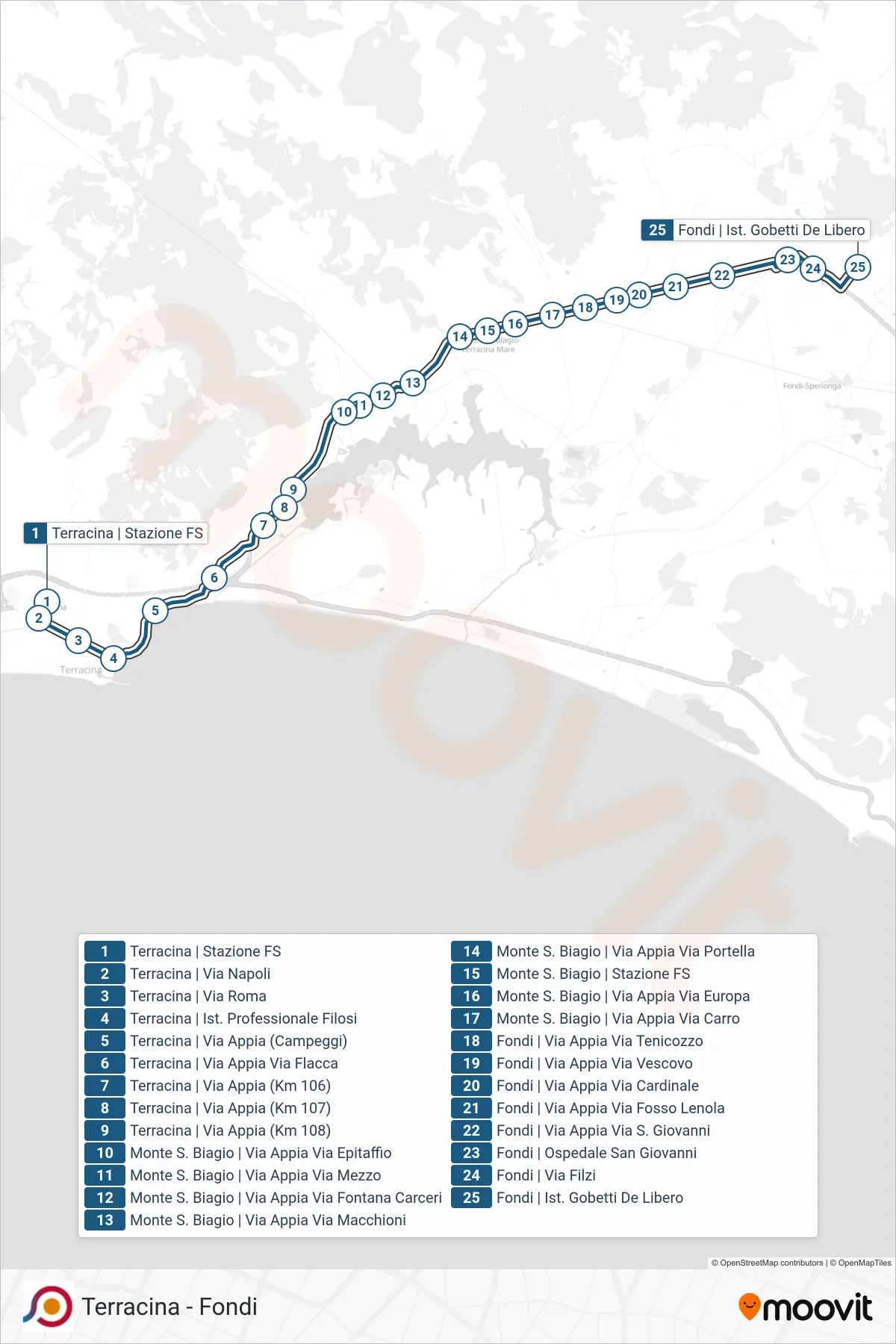 Linea COTRAL  bus (Terracina | Stazione FS‎→Fondi | Ist. Gobetti De Libero) - Percorsi e fermate sulla mappa