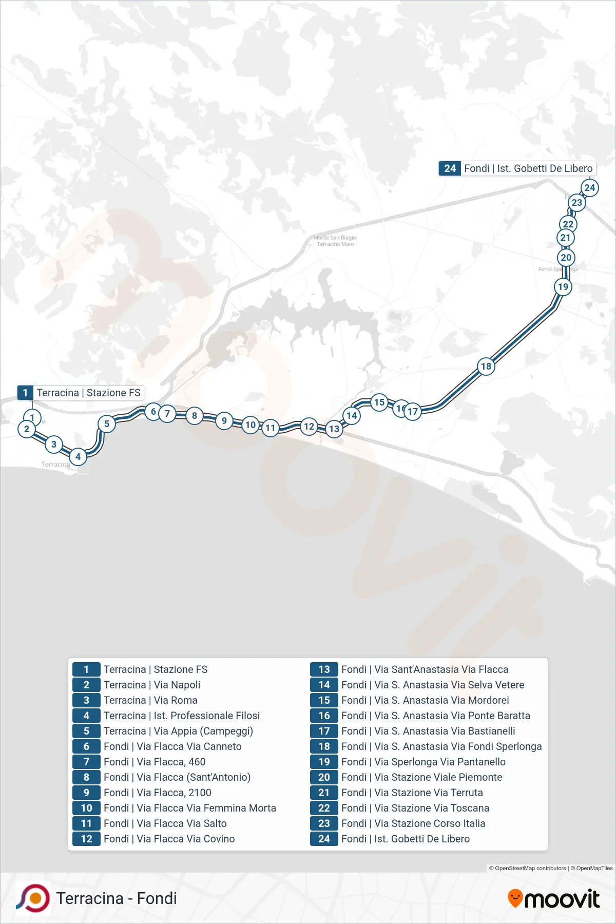 Linea COTRAL bus (Terracina | Stazione FS→Fondi | Ist. Gobetti De Libero) - Percorsi e fermate sulla mappa