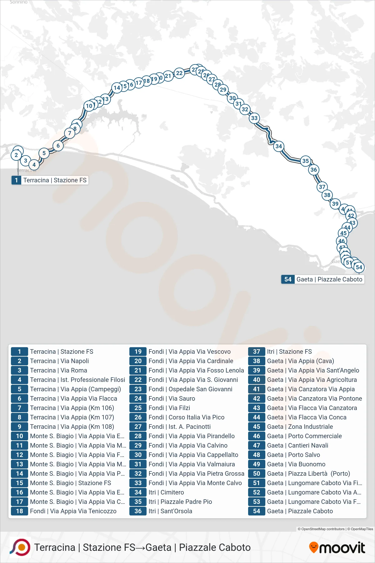 Linea COTRAL bus (Terracina | Stazione FS→Gaeta | Piazzale Caboto) - Percorsi e fermate sulla mappa