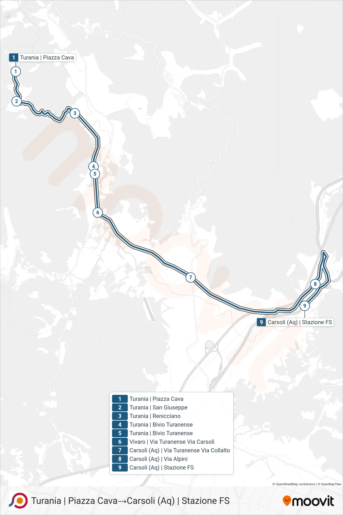 Linea COTRAL  bus (Turania | Piazza Cava‎→Carsoli (Aq) | Stazione FS) - Percorsi e fermate sulla mappa