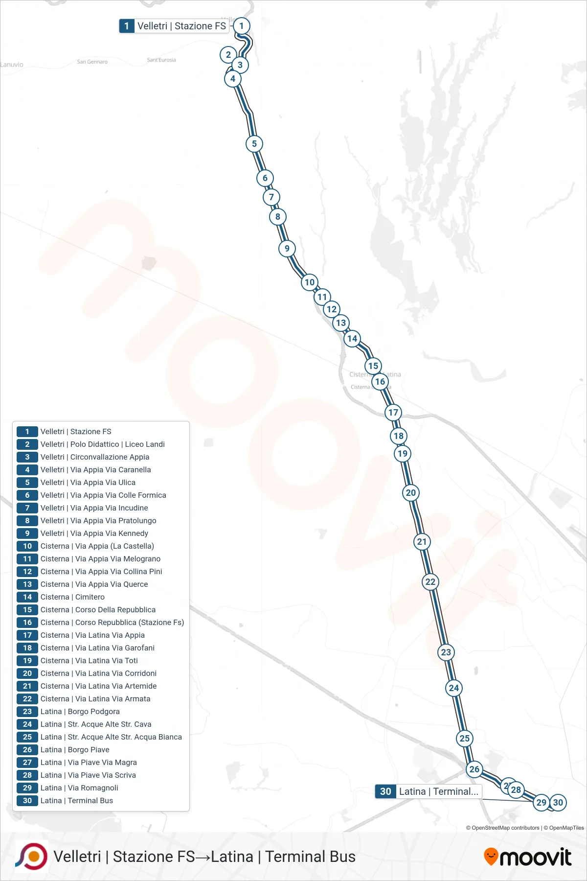 Linea COTRAL bus (Velletri | Stazione FS→Latina | Terminal Bus) - Percorsi e fermate sulla mappa